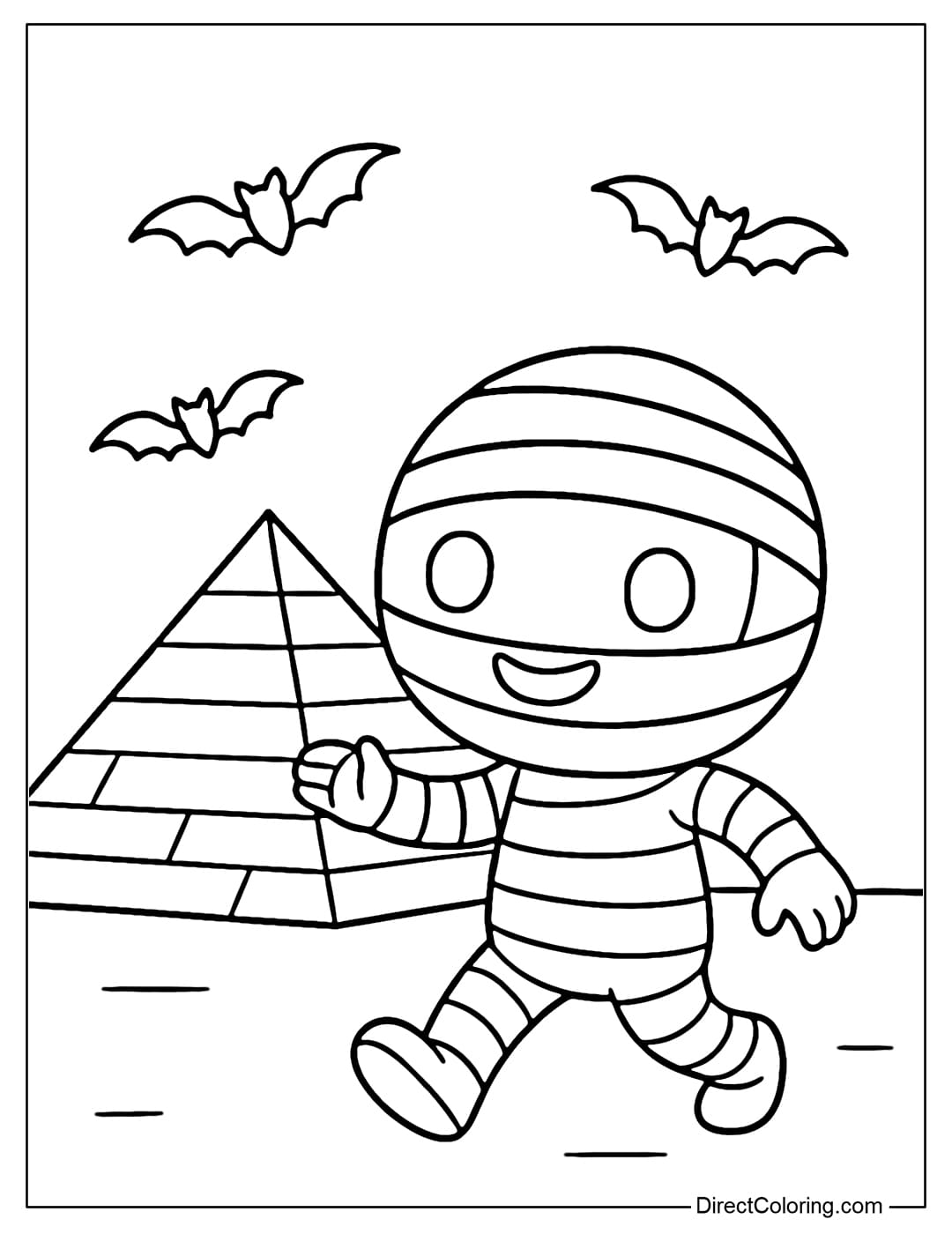 A mummy coloring page holding a treasure map, behind is a vast desert with pyramids and a setting sun.