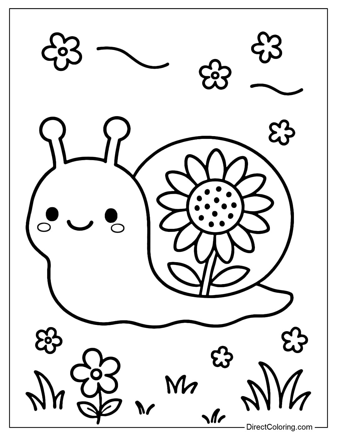 Coloring page of a Snail with a shell decorated with sunflowers.