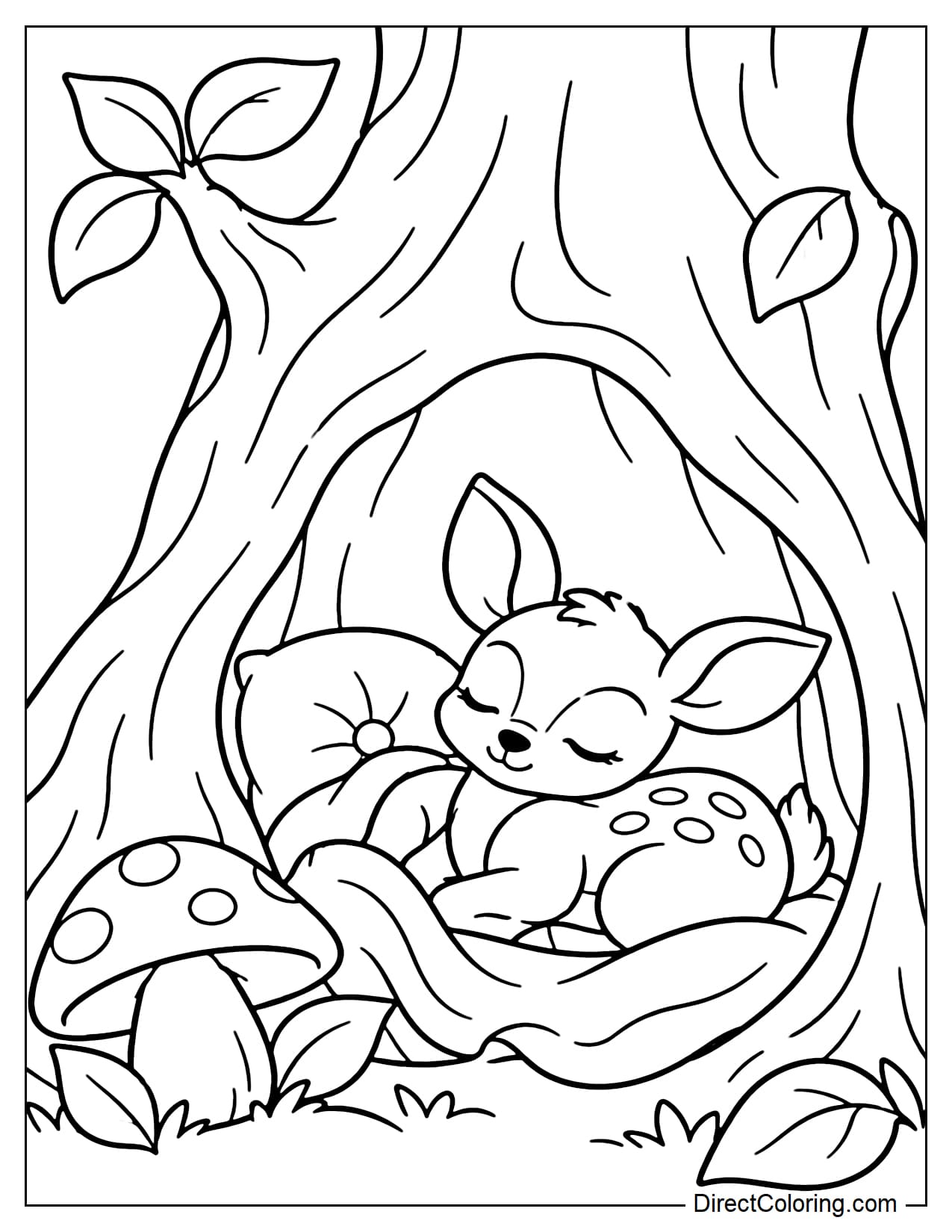 A cute fawn resting inside a large hollow tree nook, with a round pillow and a soft blanket beside it and a large mushroom at the base of the tree.