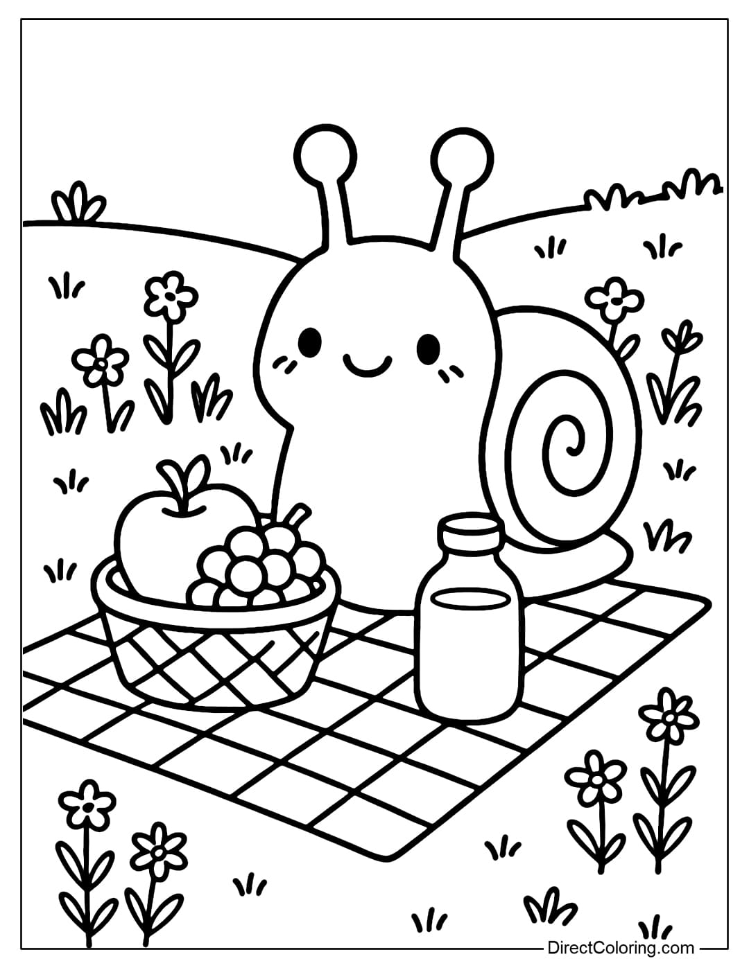 Coloring Page A snail sits on a picnic mat, with a fruit basket and a water bottle in front of it, and a meadow and wildflowers in the background.