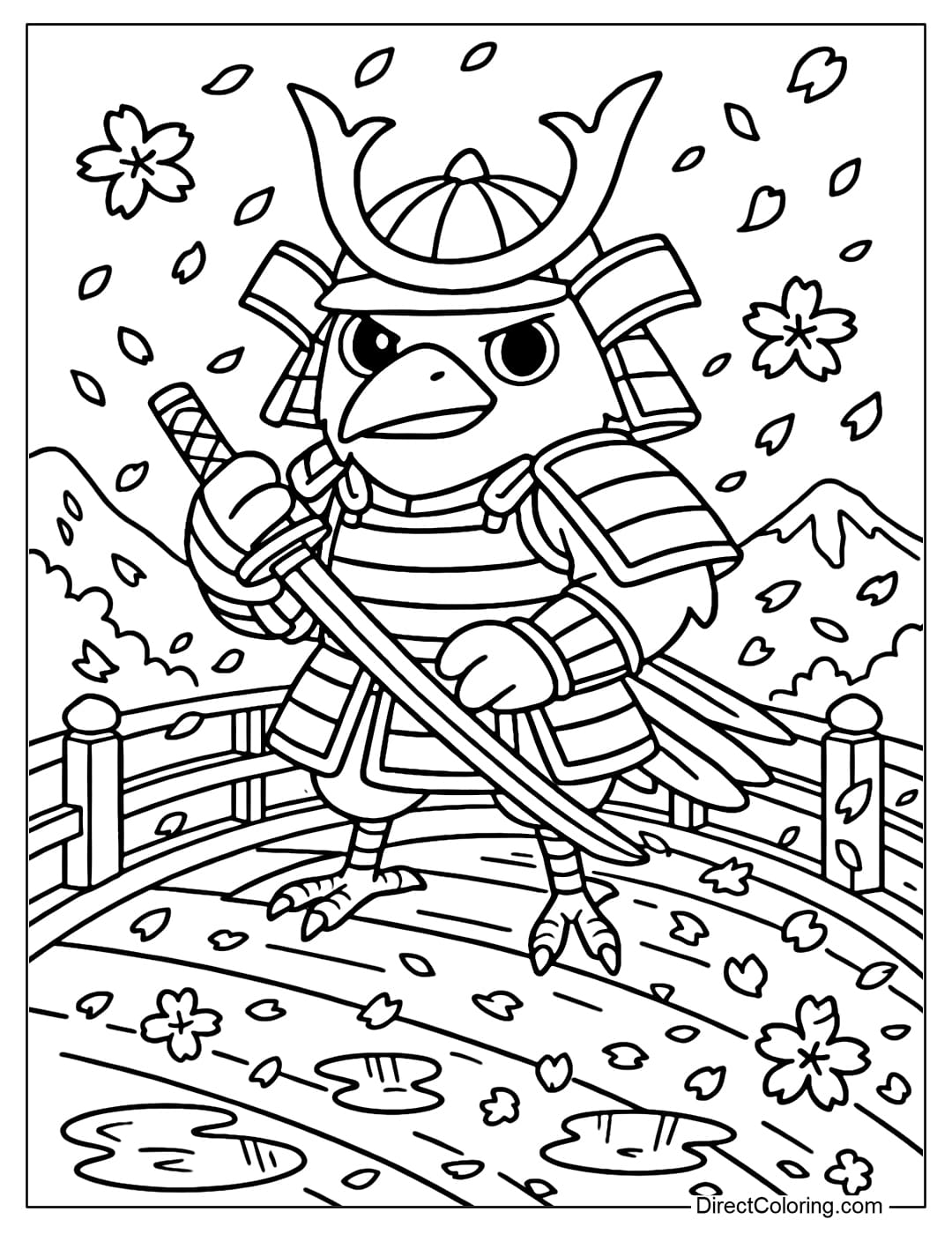 A crow coloring page wearing samurai armor, carrying a katana sword, standing on a Japanese wooden bridge with cherry blossom petals falling around.
