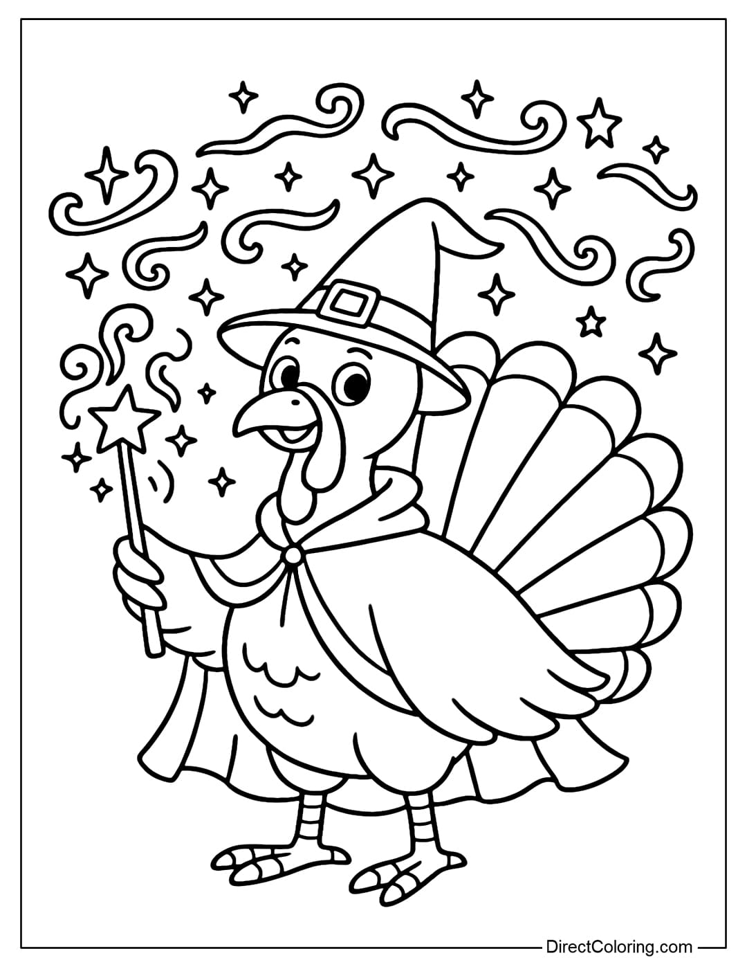 Coloring page of a turkey wearing a cape and a magic hat, holding a magic wand.