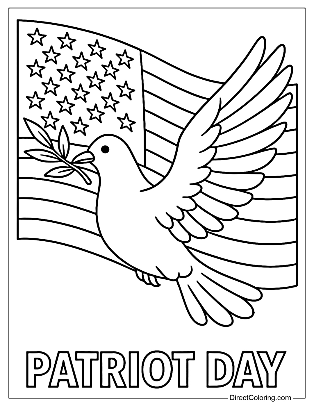 A coloring page of a white dove holding an olive branch, flying in front of an American flag.