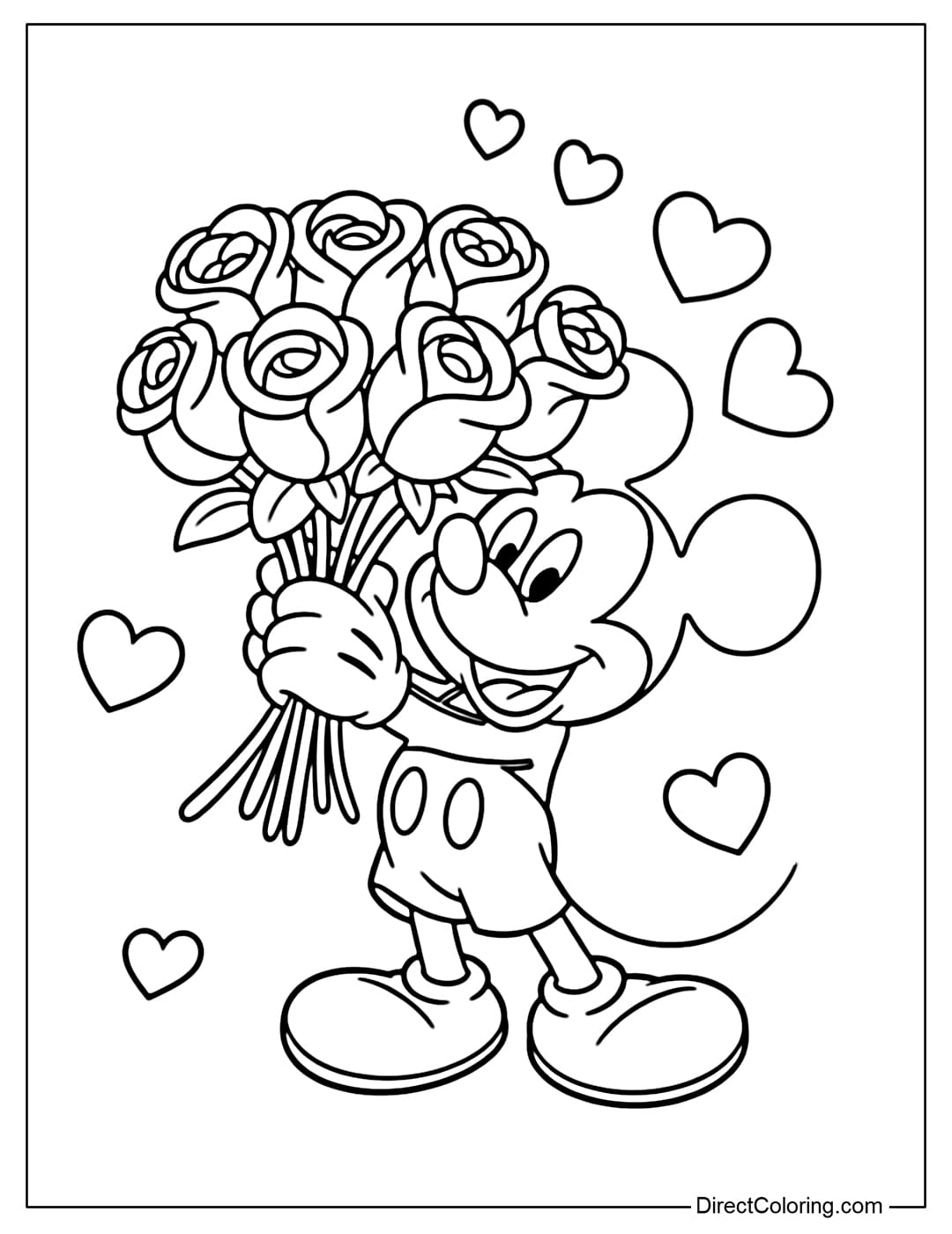 A coloring page of a cheerful Mickey Mouse holding a large bouquet of Valentine's Day roses, surrounded by sweet flying hearts.