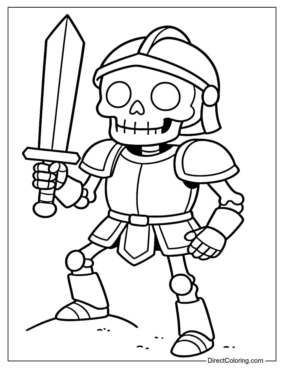 Coloring page of a skeleton wearing old armor, holding a big sword, but with a cute smiling face.