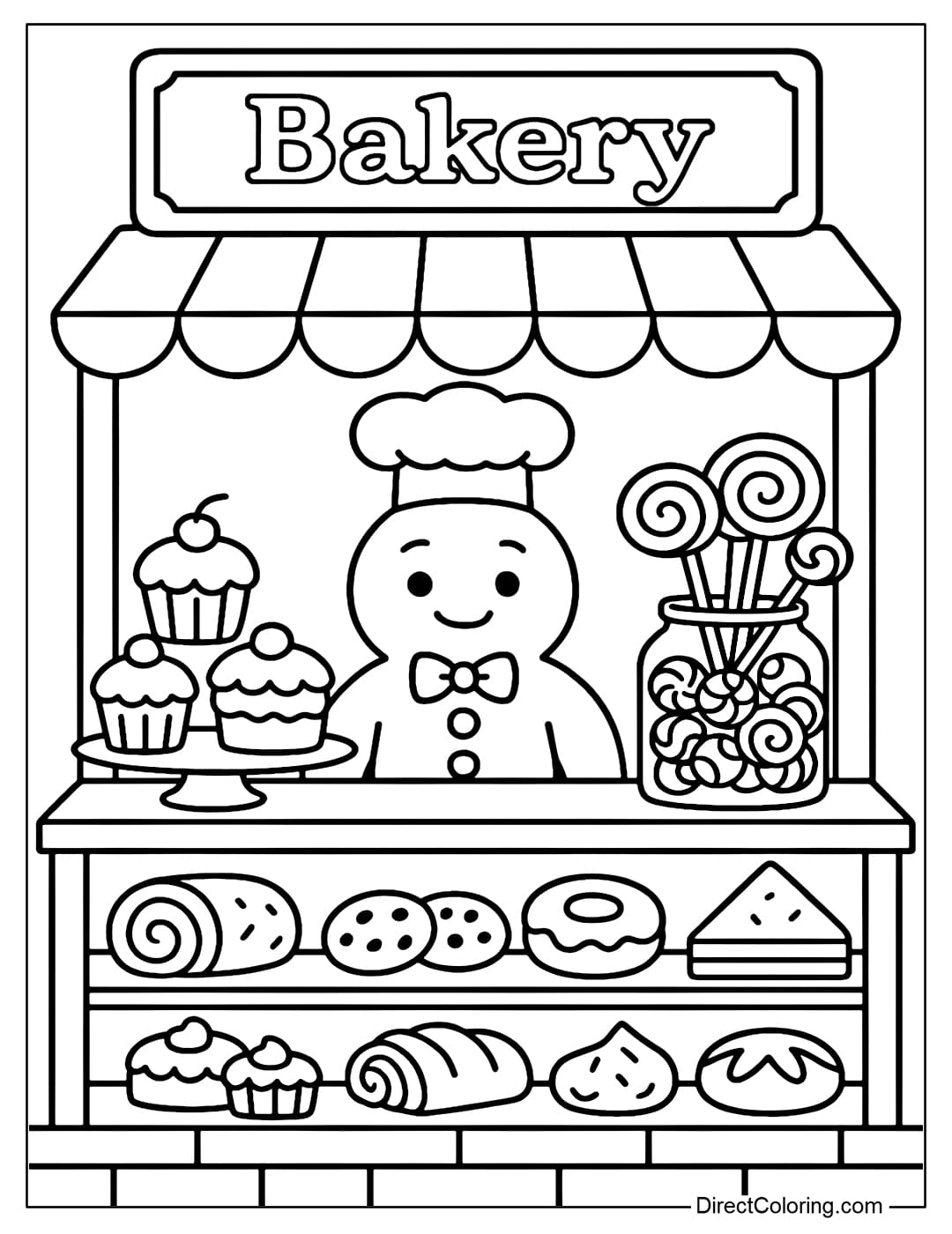 Coloring page of a small bakery, a gingerbread man as a salesman, with a counter full of cakes and candies.