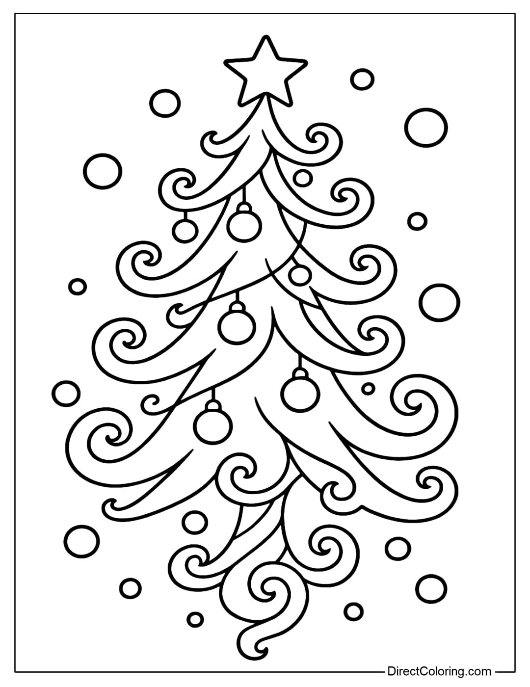 A twisted Christmas tree coloring page with artistically curved branches and flying balls.
