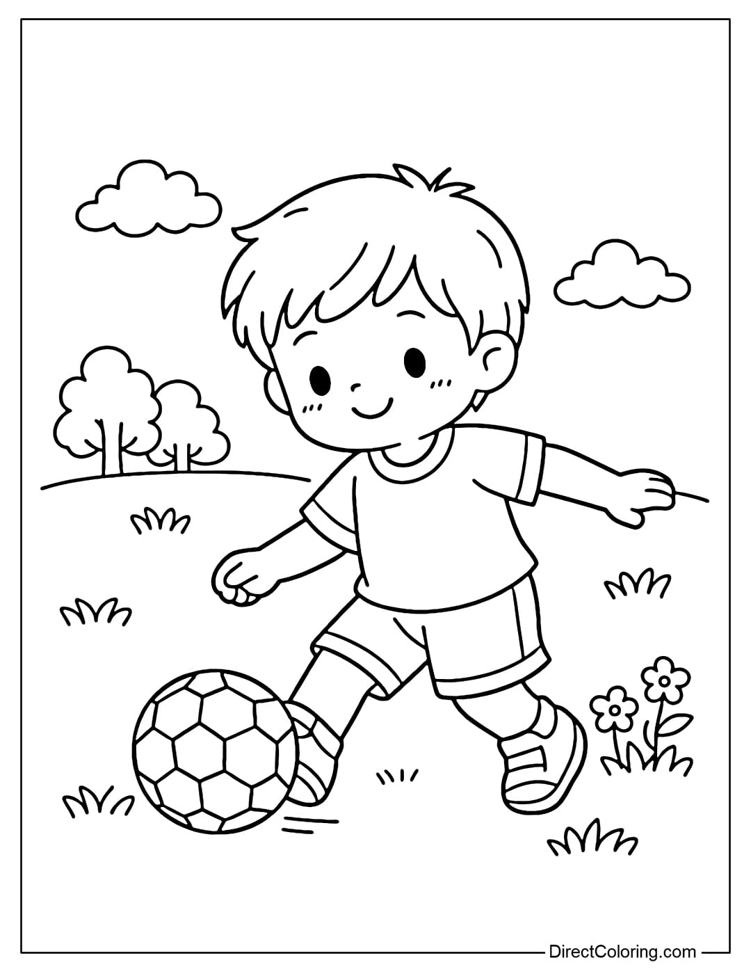 A little boy is playing ball on the grass.