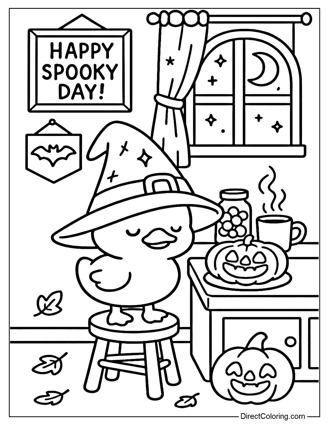 Coloring page of a cute little duck standing on a stool in a cozy Halloween kitchen, wearing an oversized witch hat that covers almost half of its eyes.