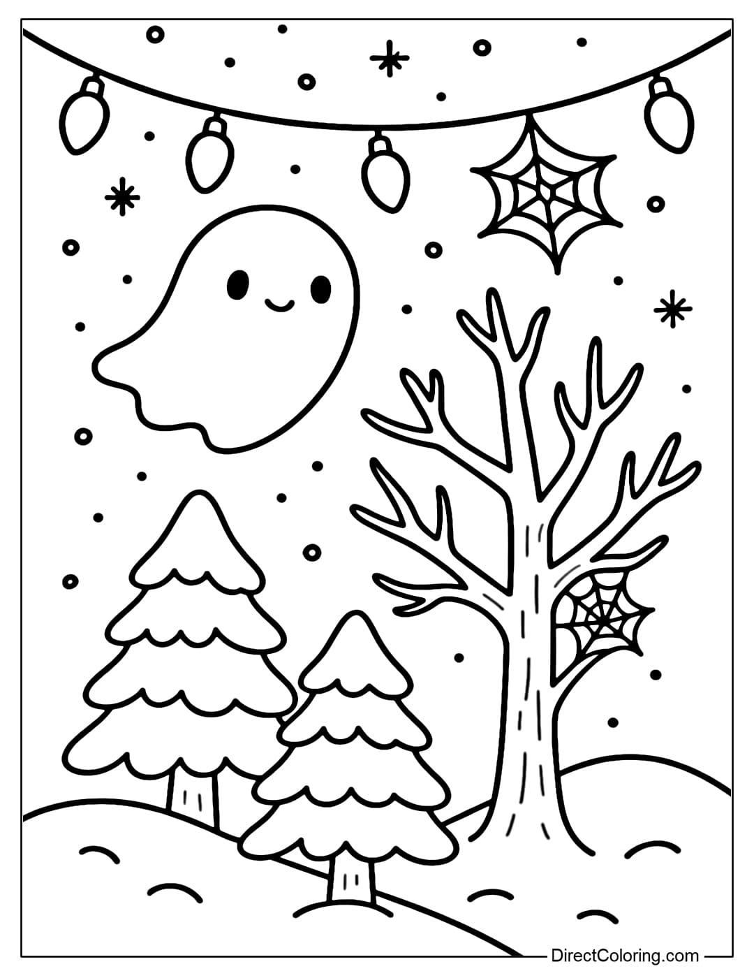Coloring page of a white snowy forest, dry pine trees with spider webs, transparent ghosts flying among the hanging Christmas lights.