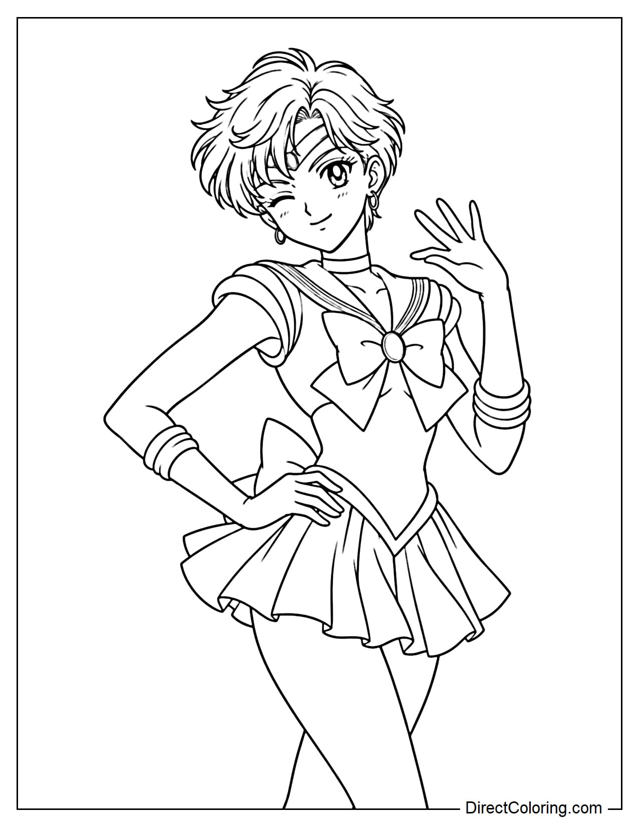Sailor Uranus (Haruka Tenou) stands with her body slightly turned to one side, confidently resting one hand on her hip while raising her other hand in a gentle, friendly wave.