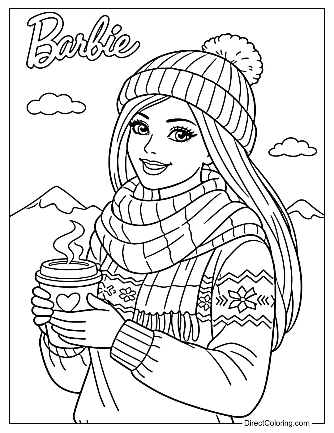 Barbie is wearing a thick turtleneck sweater with a simple pattern, a large scarf, and a round beanie, holding a cup of hot drink.