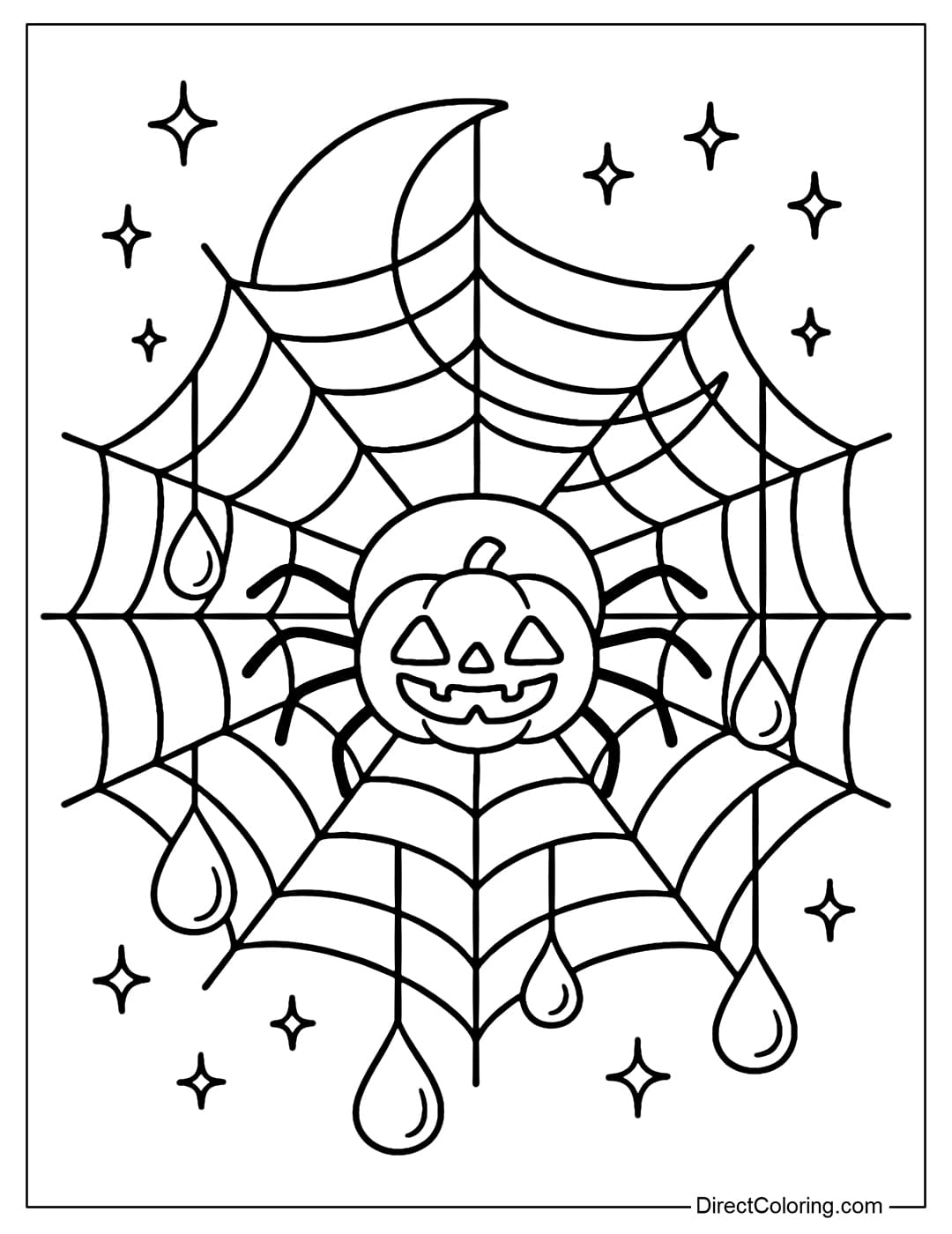 A circular spider web coloring page, in the middle is a small spider wearing a mini Jack-o'-lantern pumpkin mask.