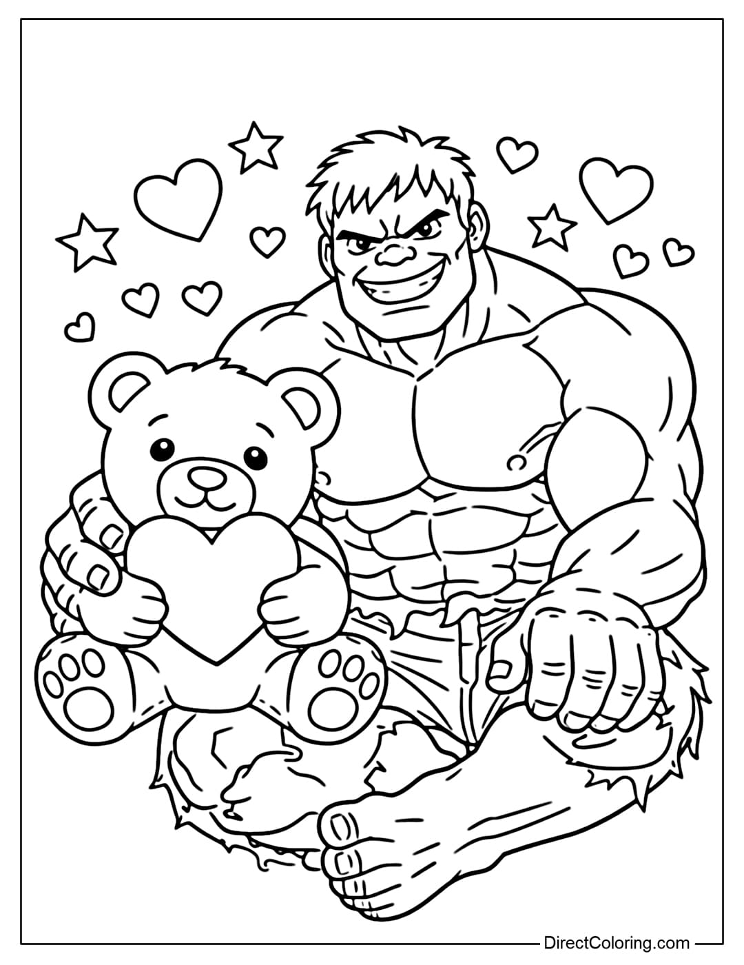 A coloring page of Hulk sitting next to a cute teddy bear holding a heart.