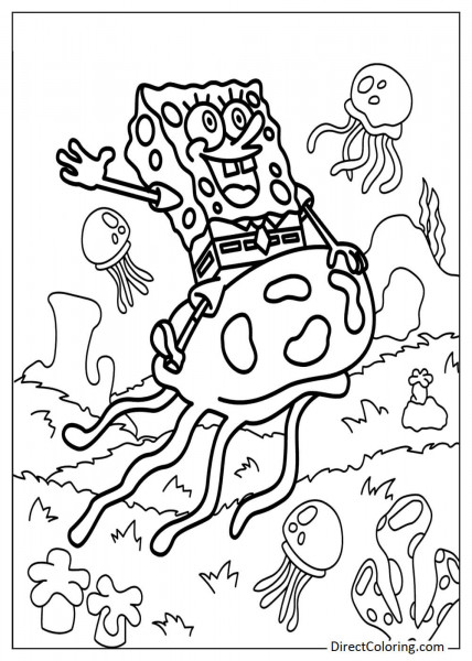 SpongeBob riding a jellyfish underwater