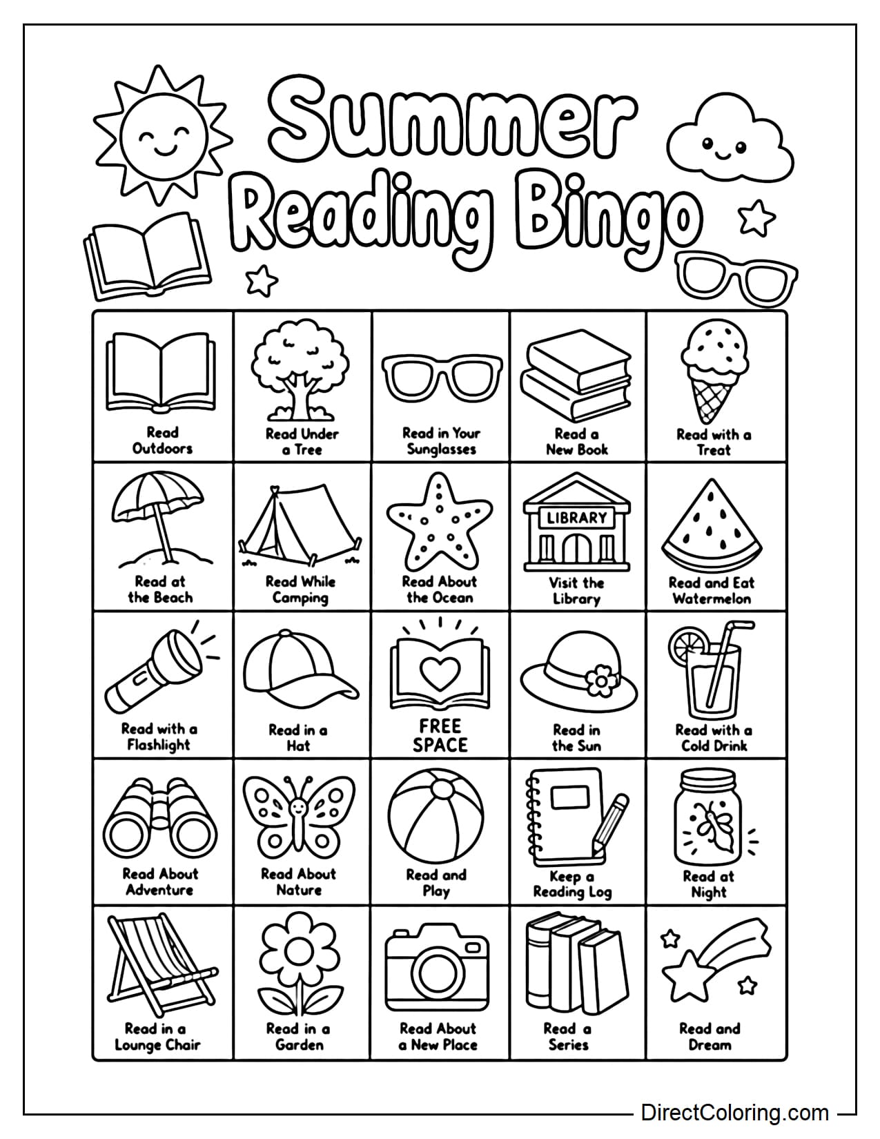 A summer reading bingo board with large squares containing images of books, trees, sunglasses, tents, a library, and stars.