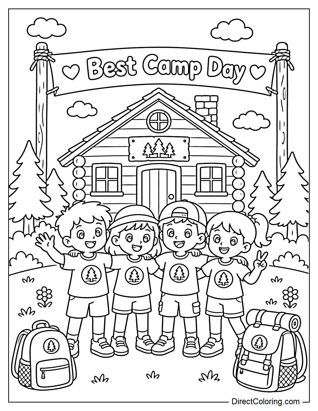 A group of children take a commemorative photo in front of a summer camp cabin, with a banner that says 