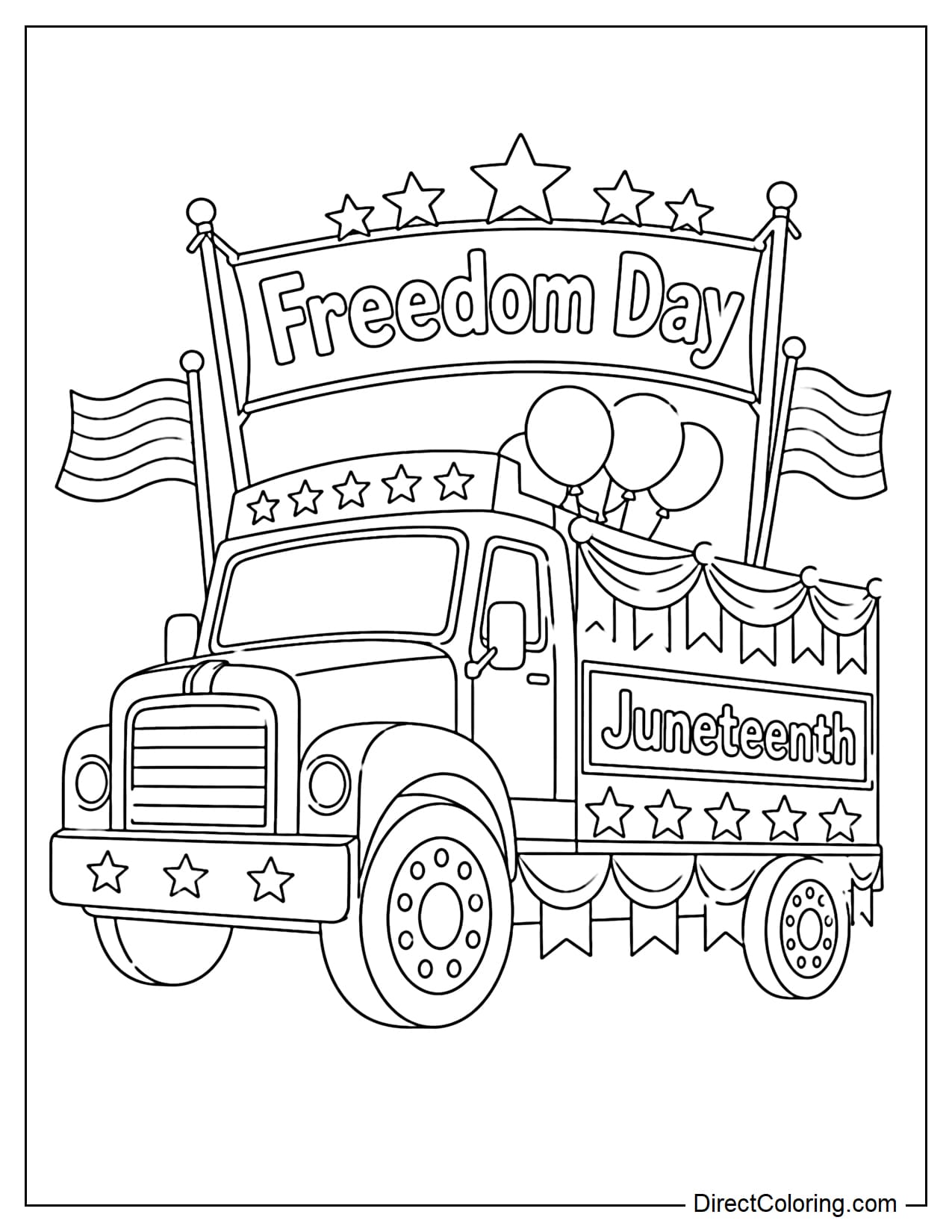 A Juneteenth parade wagon decorated with flags, stars, and a 