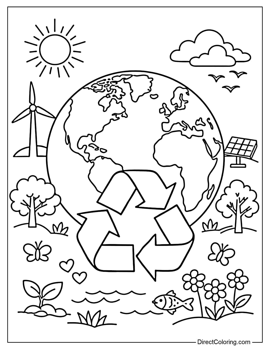 A coloring page featuring a large Earth in the center with a recycling symbol in the foreground.