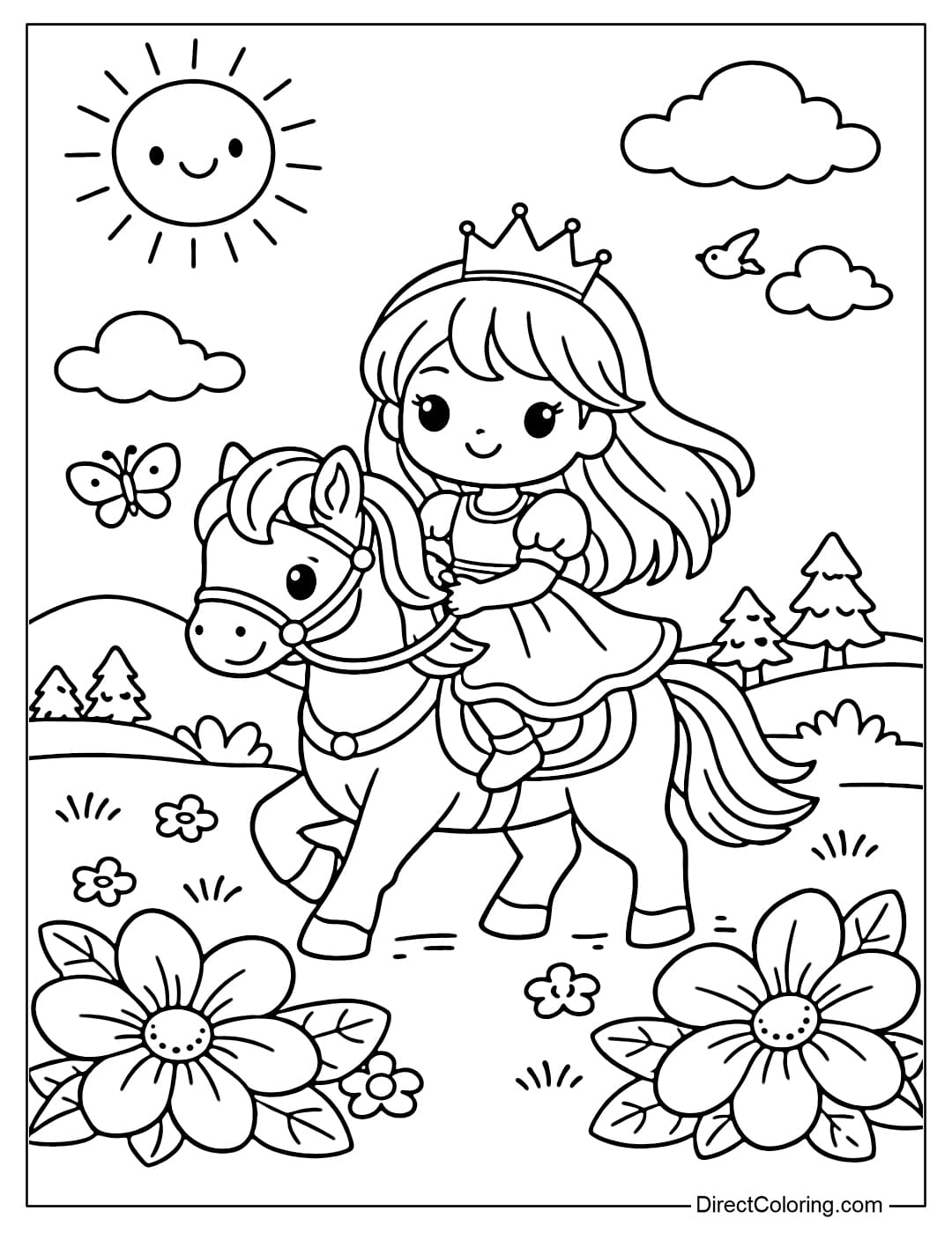 Coloring page of a princess riding a cute horse amidst a simple nature setting with a few large flowers.
