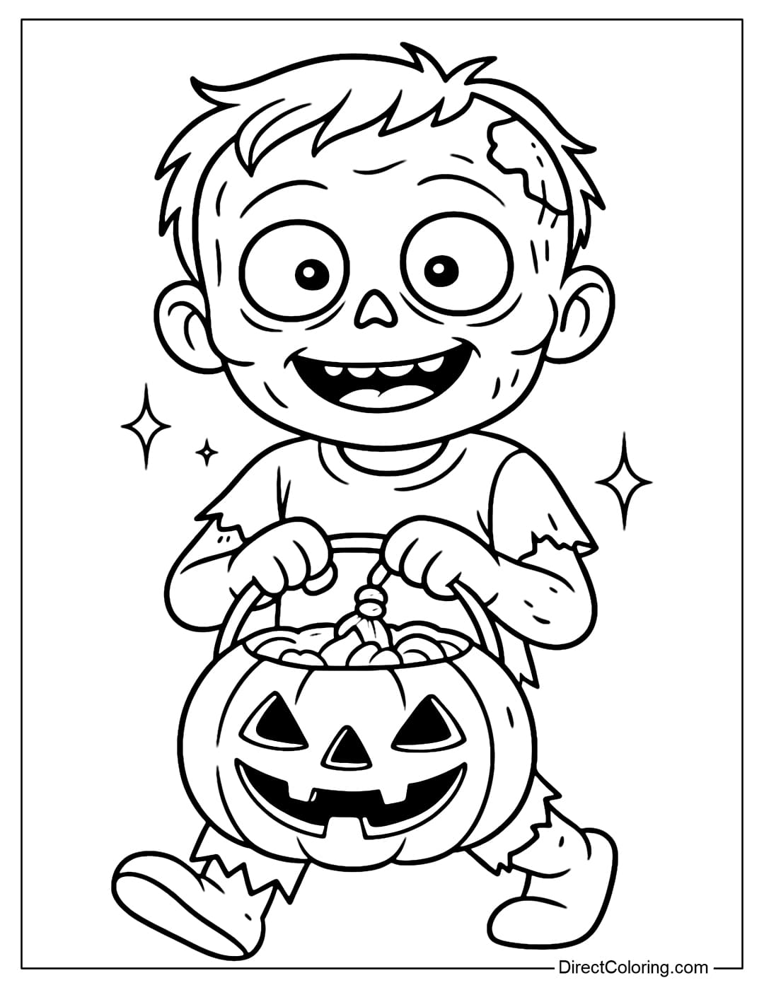 A little zombie coloring page holding a Halloween candy basket, eyes wide open, looks more cute than scary.