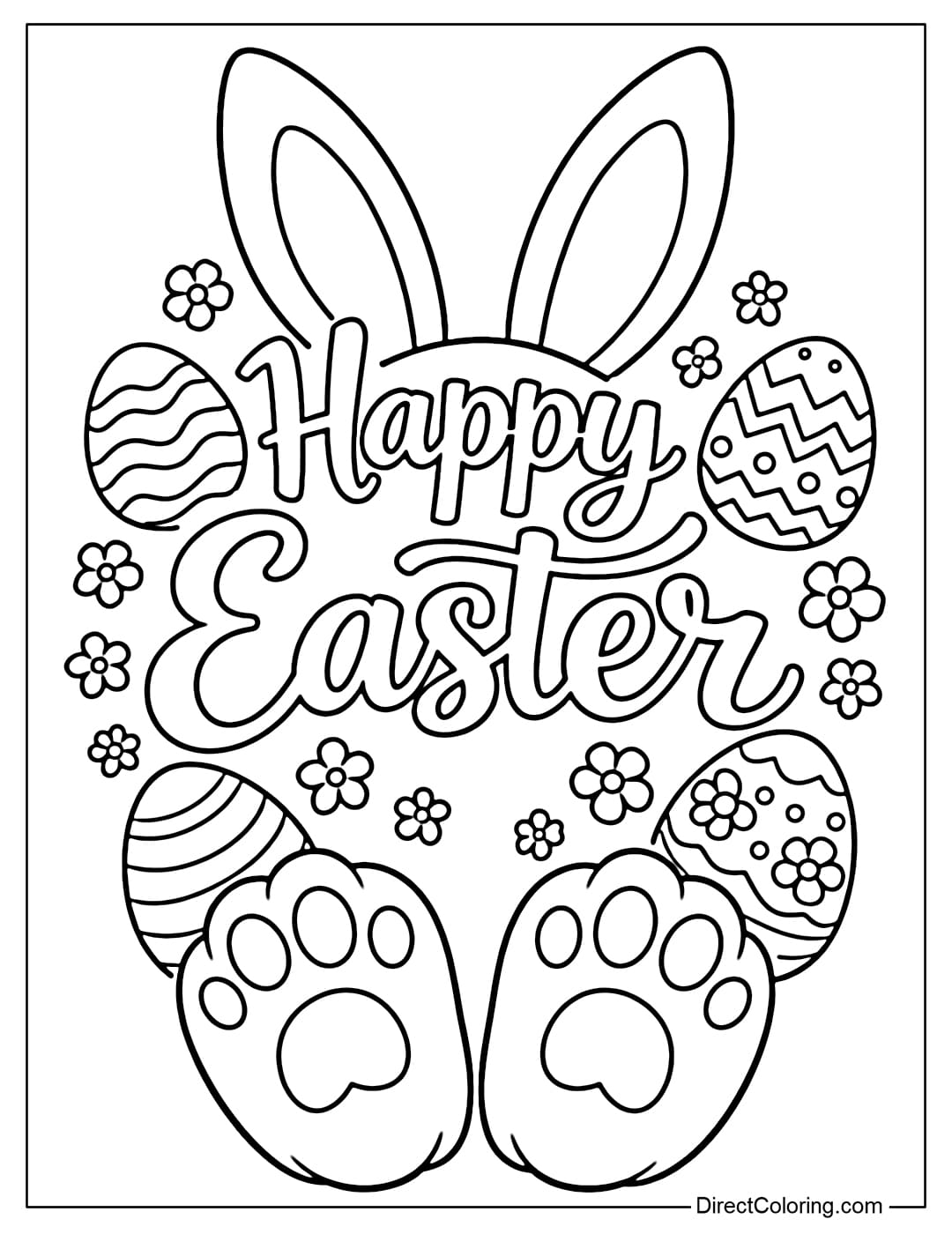 A coloring page of the words “Happy Easter” with bunny ears above and bunny feet below, decorated with eggs and small flowers.