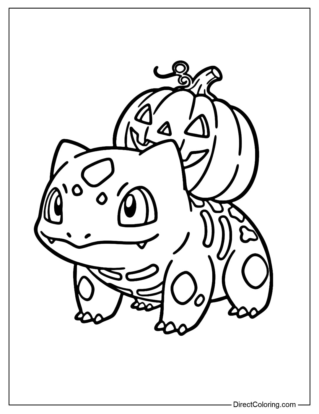 Bulbasaur Coloring Page with glowing white bones on its body, and a small Halloween pumpkin growing on its back.