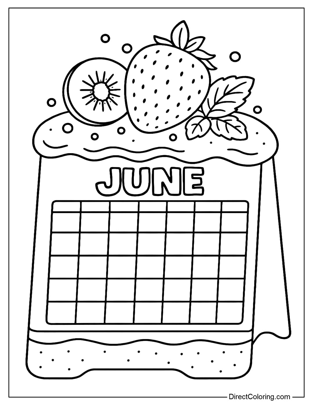 June calendar coloring page features a standee cutout in the shape of a soft, fluffy strawberry shortcake; the calendar is nestled within the cake layer like a large label. The top is subtly decorated with large strawberries, kiwi slices, mint leaves, and a few sugar sprinkles.