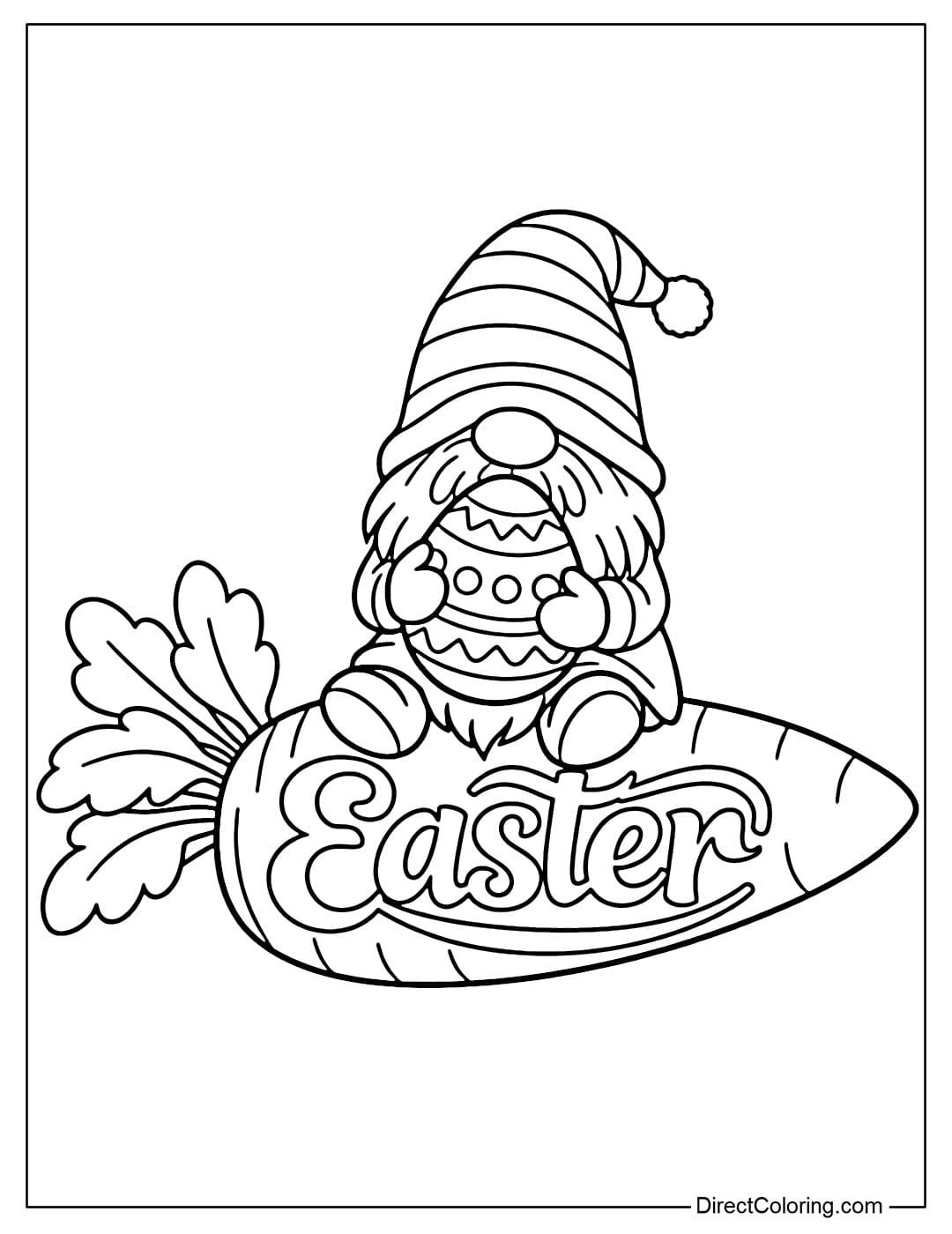Coloring page of a gnome holding an Easter egg while sitting on a giant carrot with the word Easter on it.