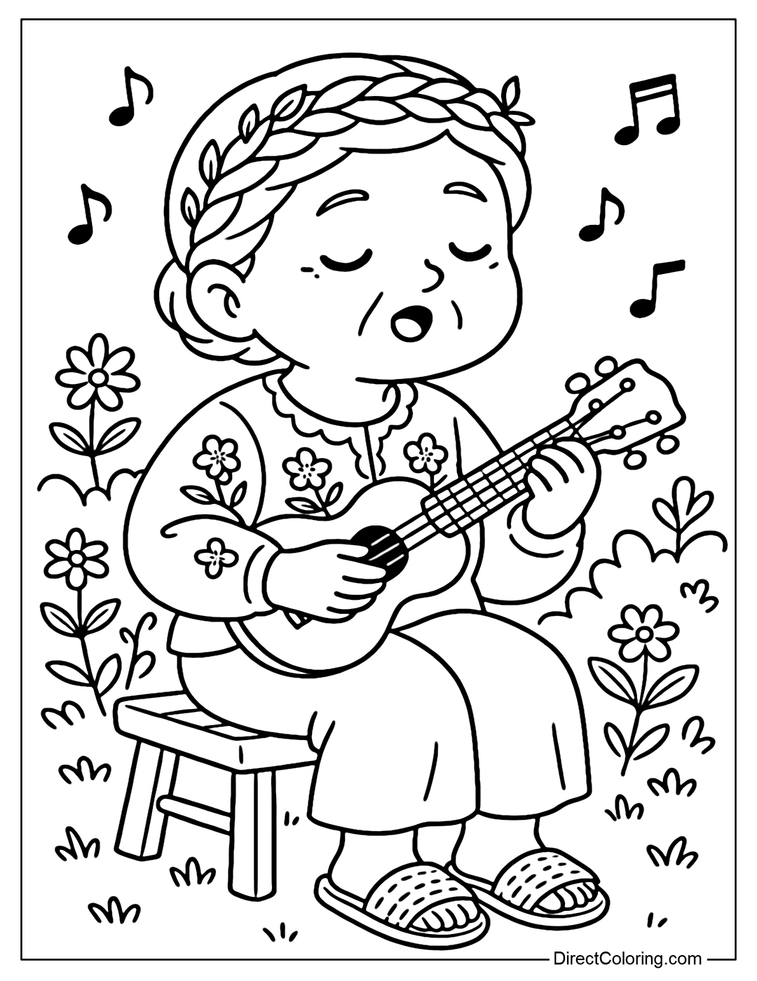 Coloring page Grandma sits on a wooden chair, holding a ukulele, eyes closed, mouth singing to the cheerful rhythm.