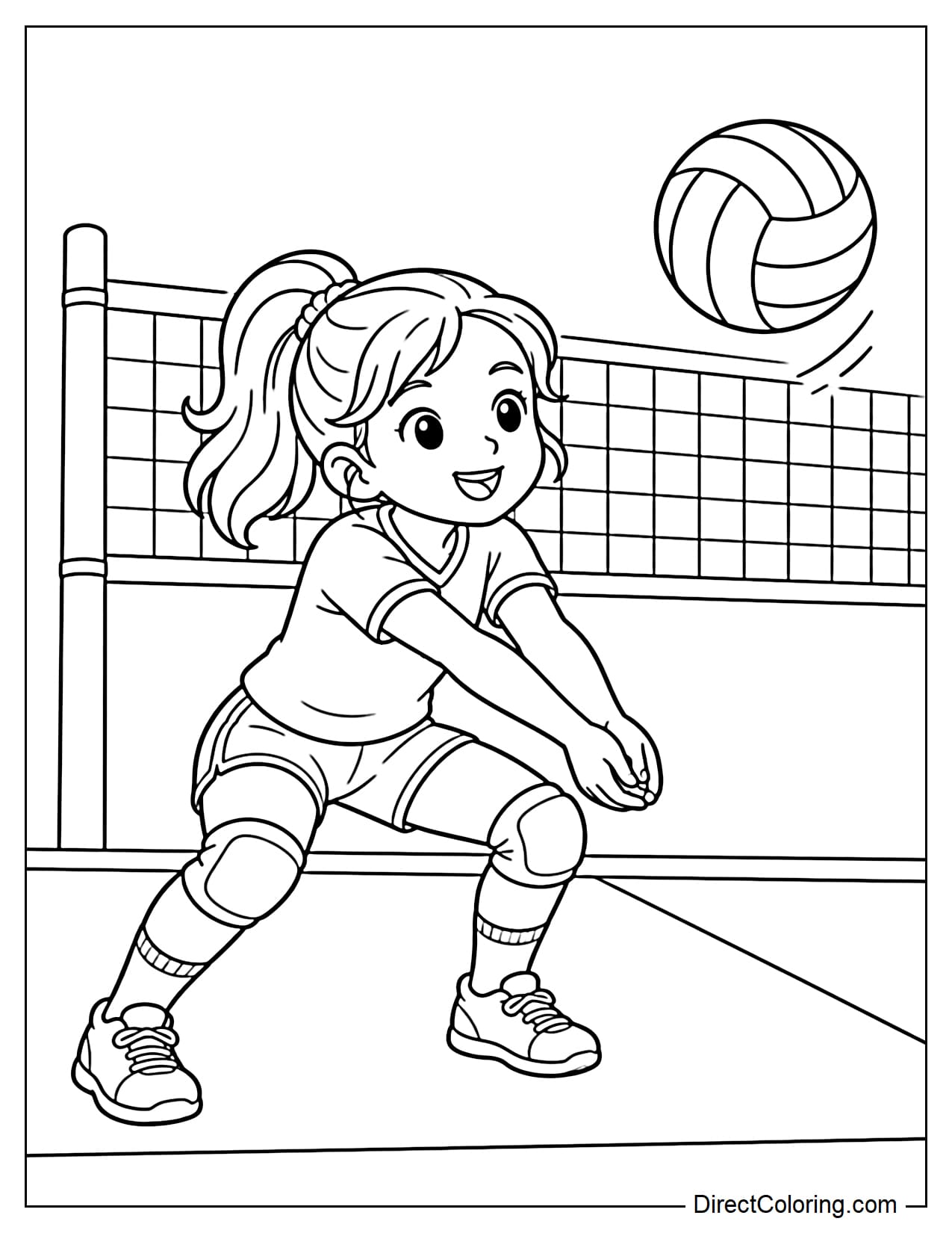 A young girl wearing knee pads is bending her knees and extending both arms forward to dig the ball, while the volleyball is flying toward her.