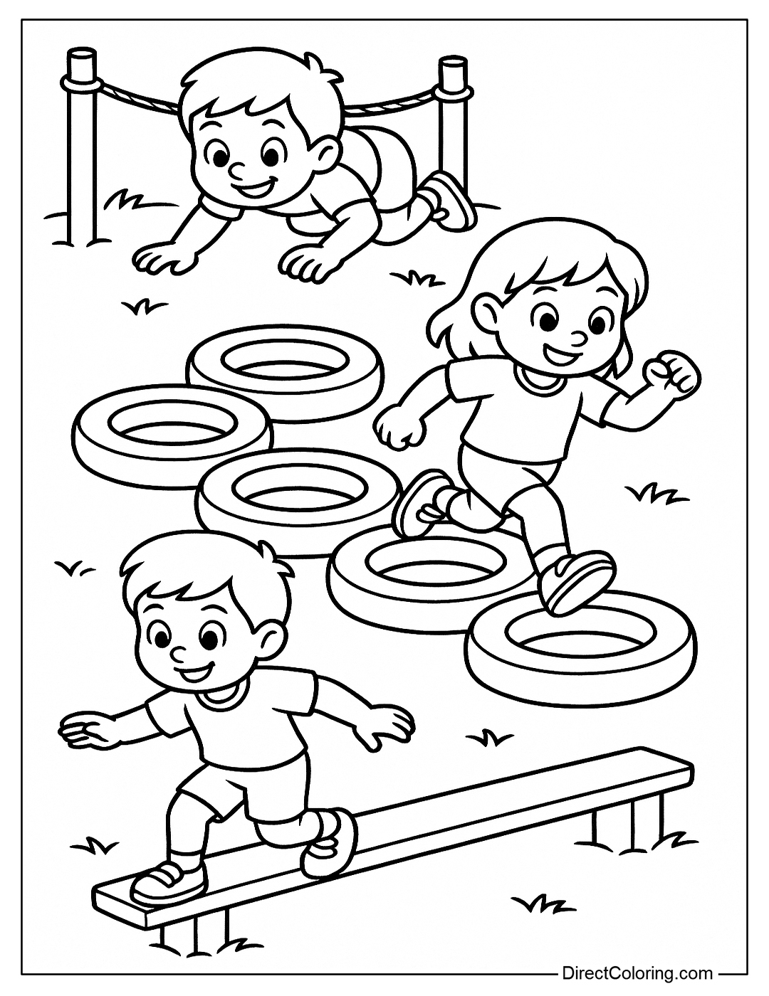 A coloring page of children overcoming obstacles: climbing ropes, jumping tires, and balancing.
