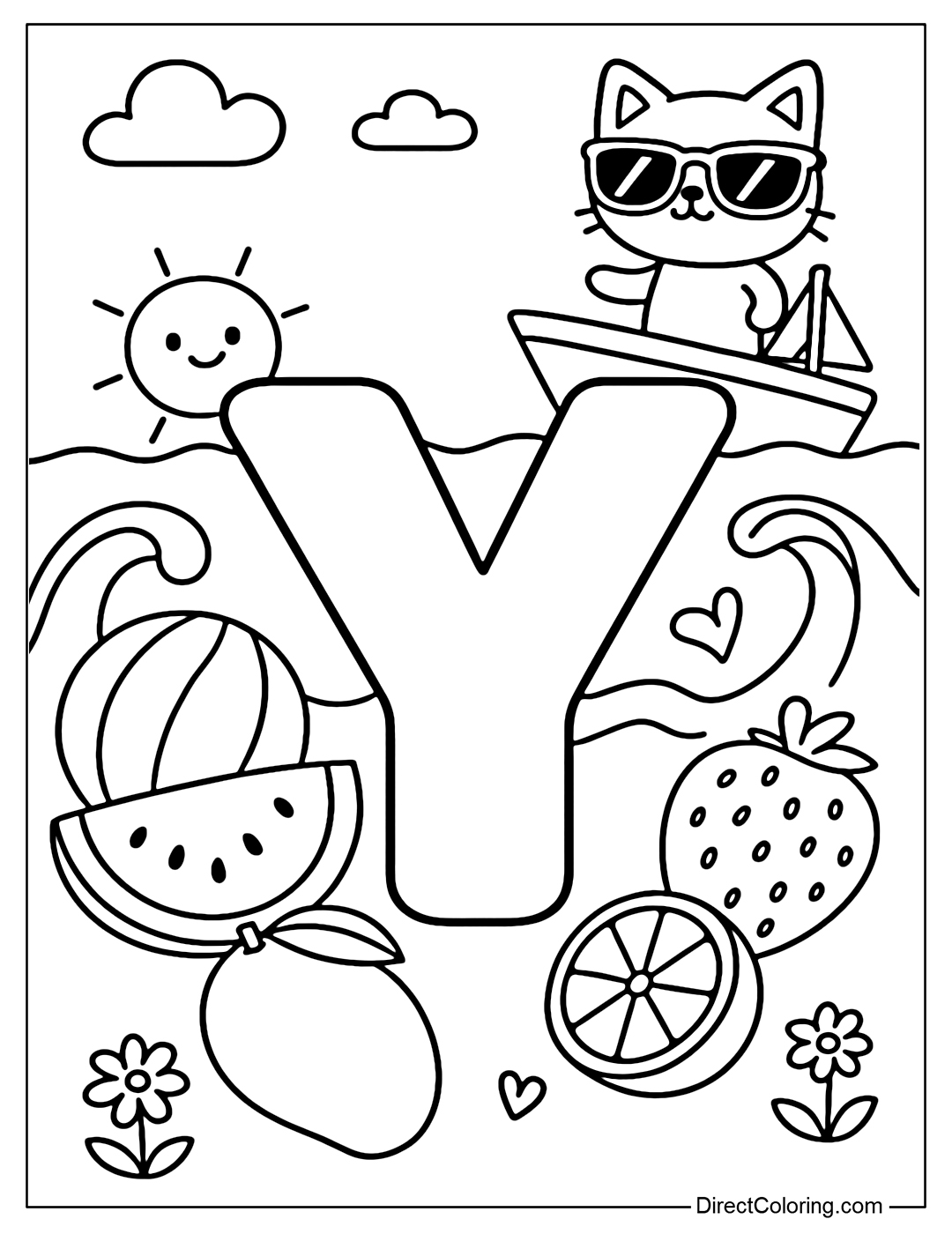 The letter Y coloring page is located next to a small yacht with a cat wearing sunglasses standing on the deck. Surrounded by summer fruits such as watermelon, mango, orange, and berries, it gives a refreshing feeling.