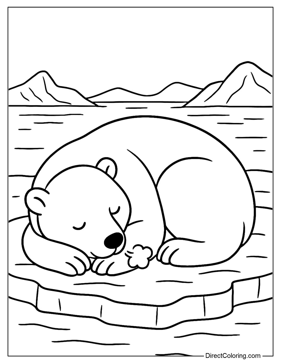 Coloring page of a polar bear curled up sleeping peacefully on the ice, breathing creating a fine mist.