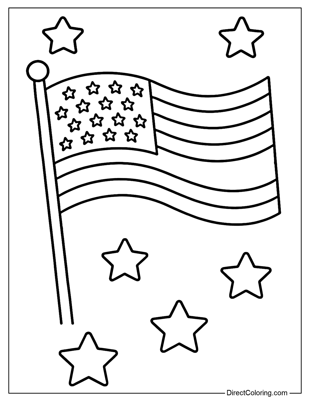 Coloring page of the American flag flying, the sky has a few big, clear stars, easy to color.