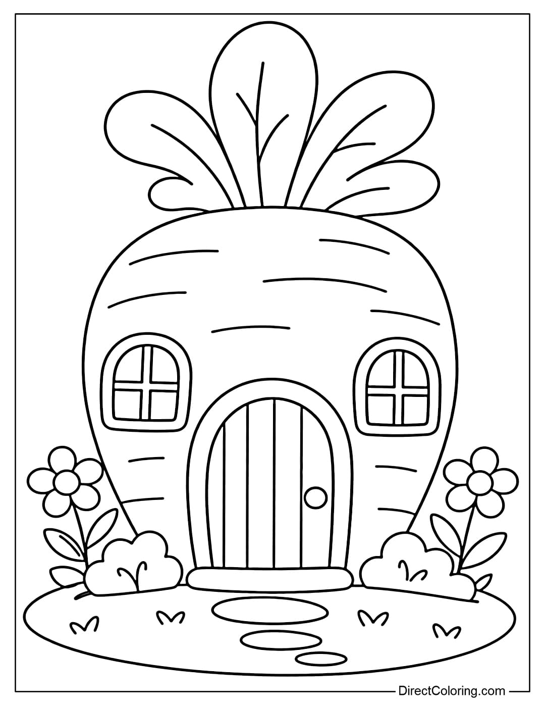 A carrot-shaped house with simple doors and windows.