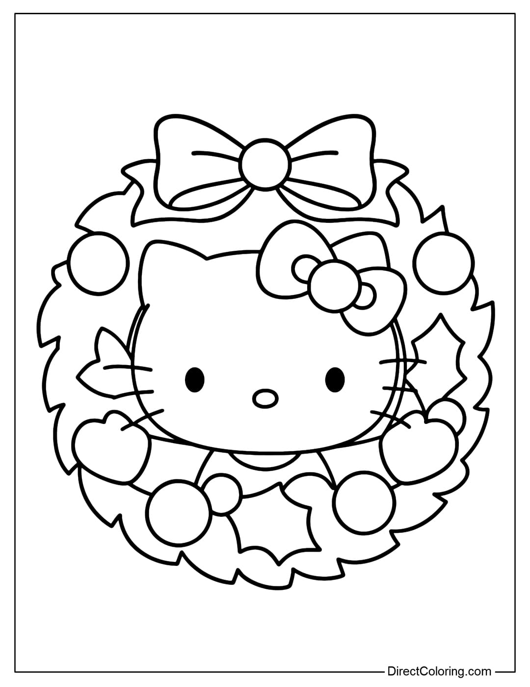Hello Kitty coloring page coming out from the middle of a Christmas wreath with a bow and some balls.