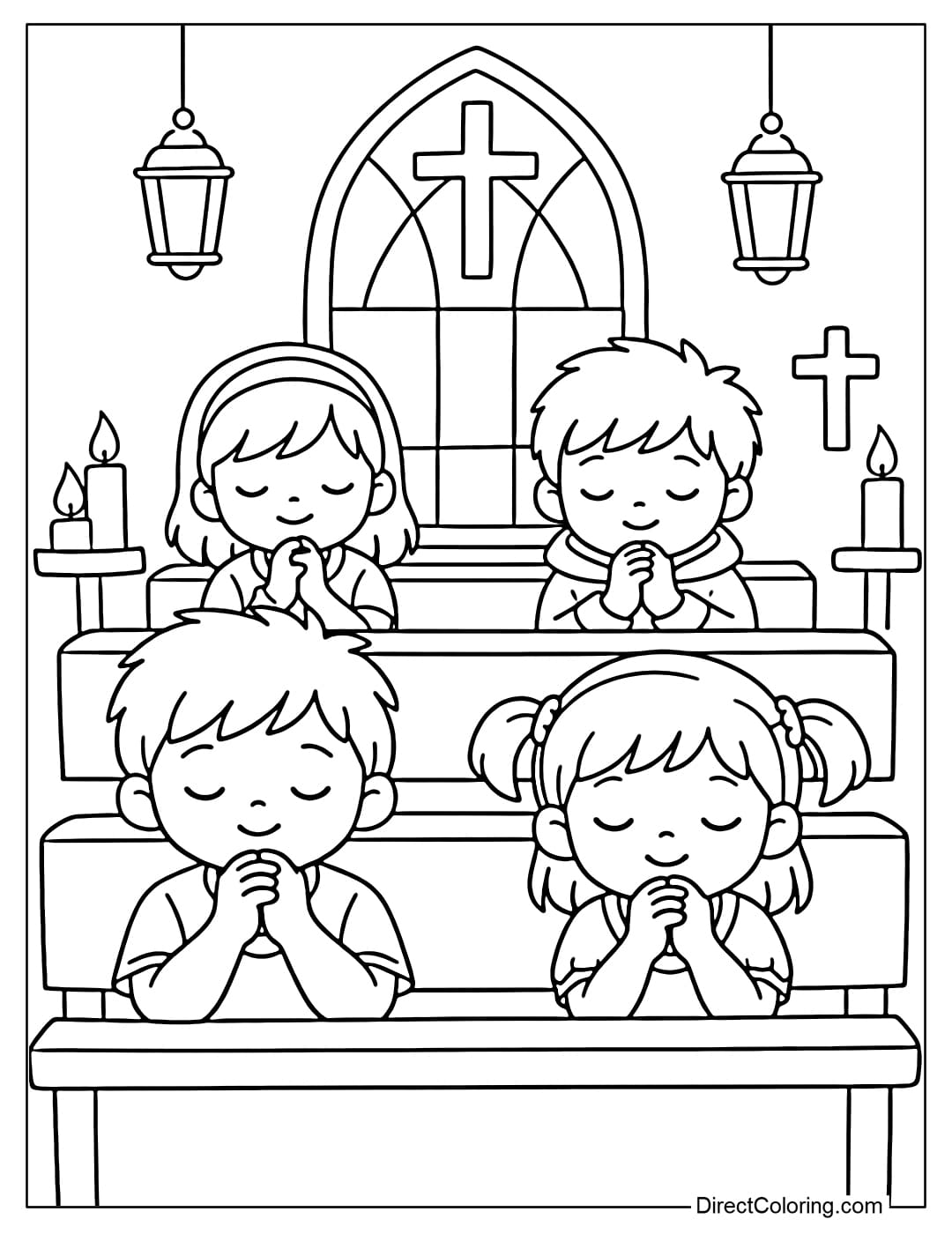 A coloring page of children praying inside a church with simple pews.