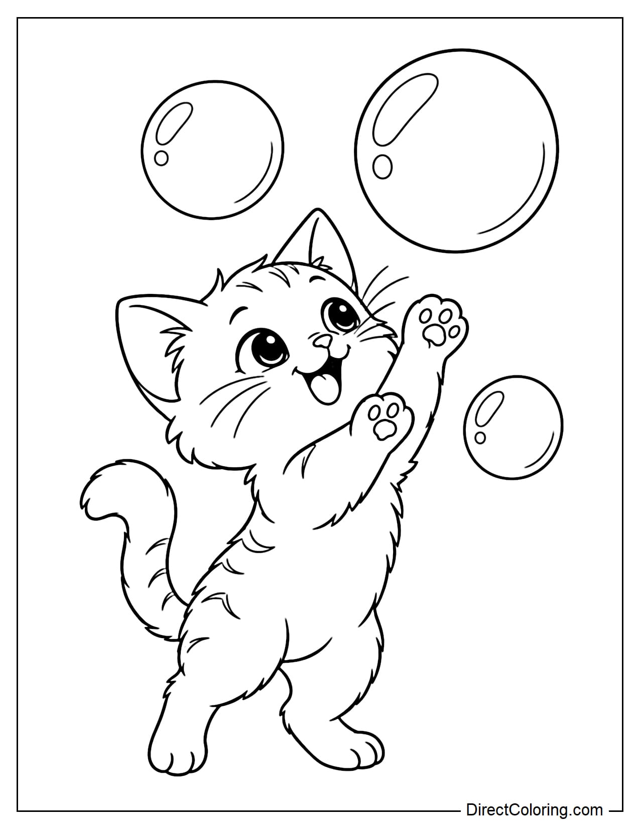 A playful kitten stands on its hind legs and reaches both front paws toward large soap bubbles floating above.