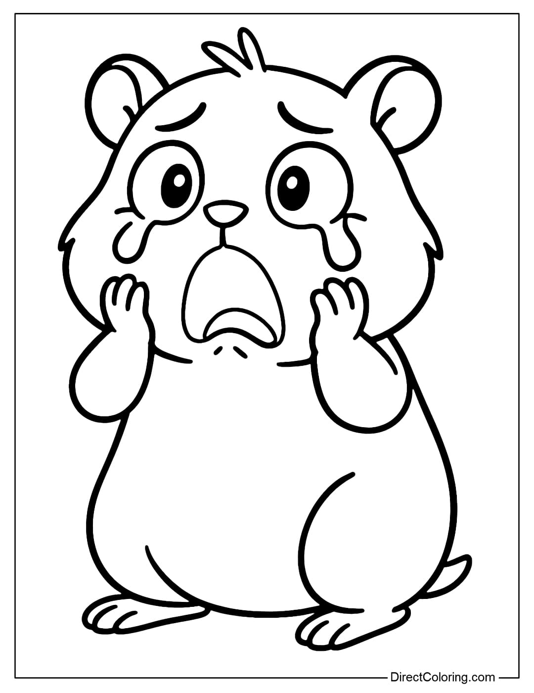 Coloring page of a small hamster, holding its face in panic, funny dramatic expression.