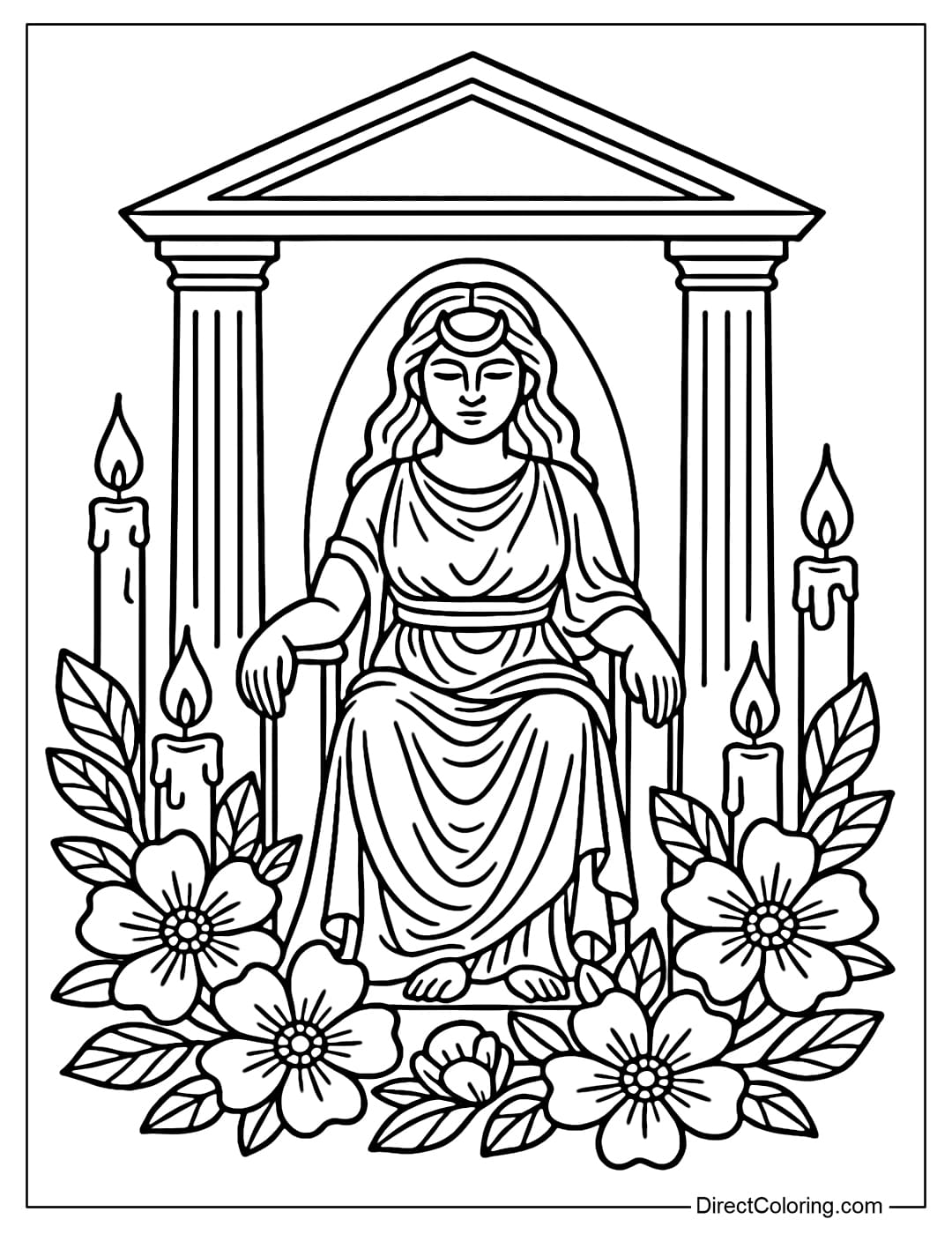Coloring page of a goddess temple with a statue of a goddess, flowers and candles around.