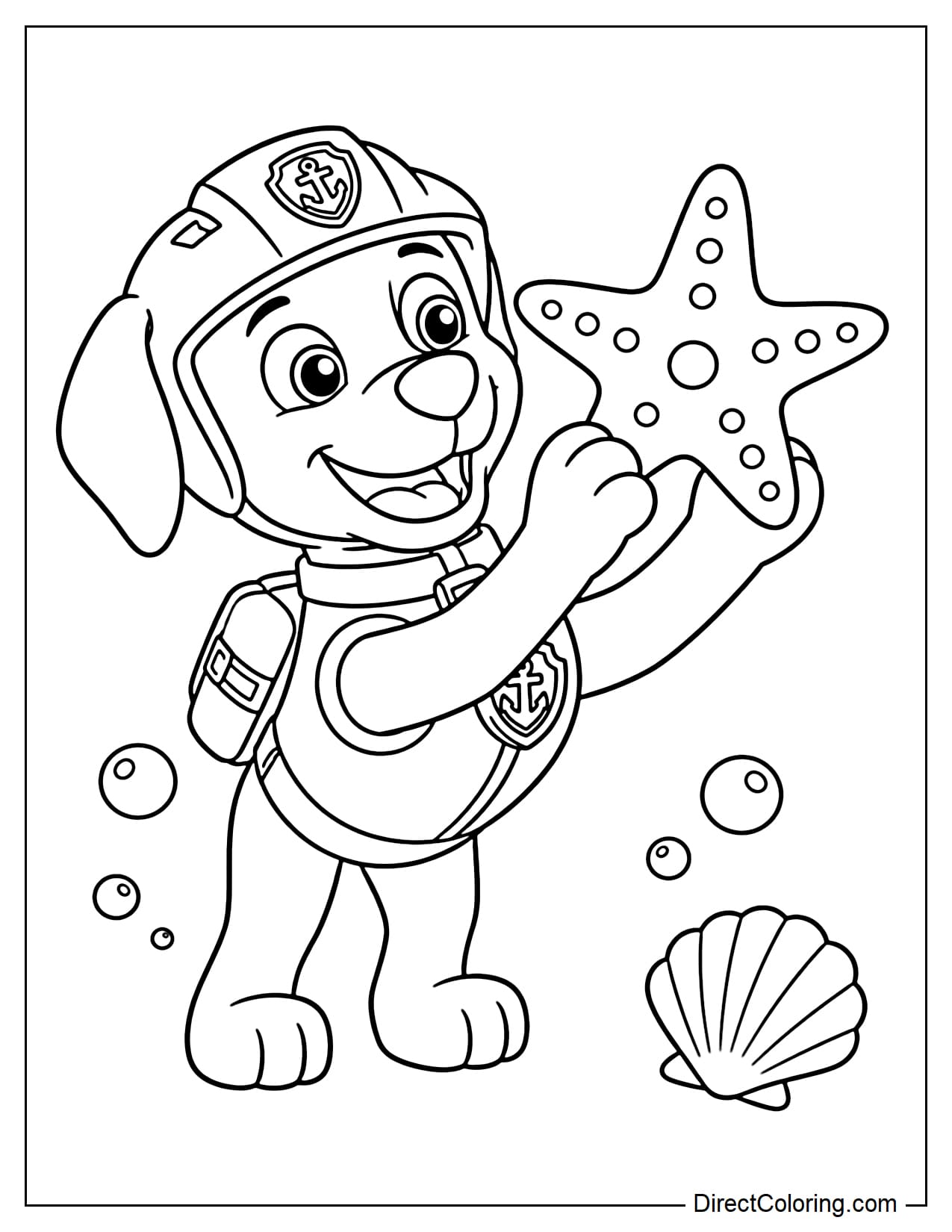 Zuma gently lifts a large smiling starfish with his front paws, looking excited, with bubbles and a seashell underneath.