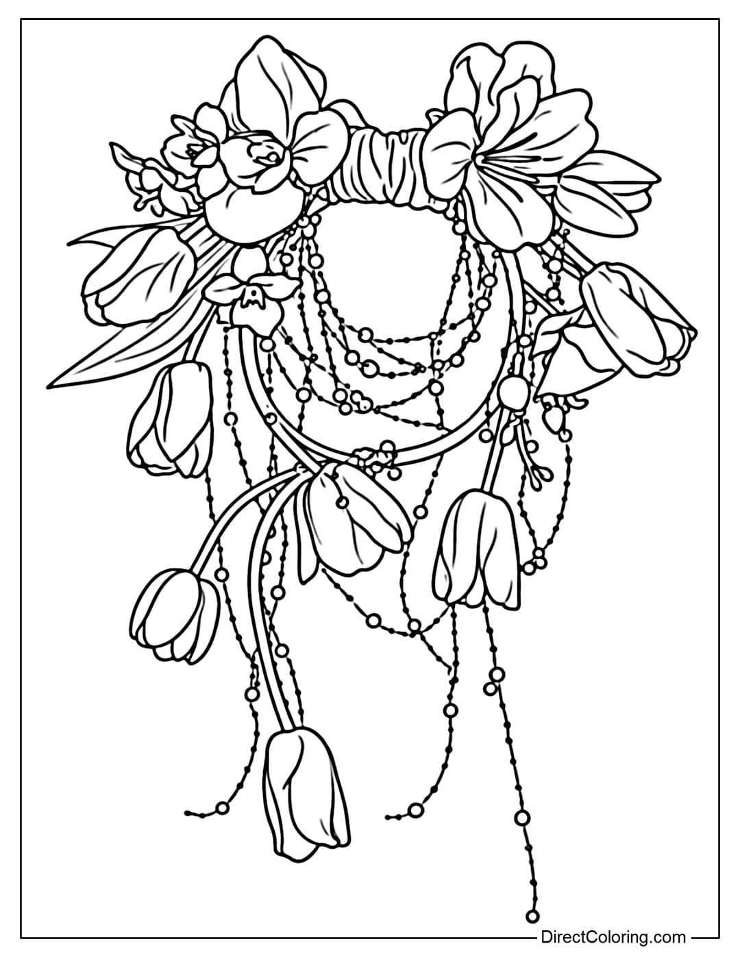 Coloring page of a wedding wreath combining large flowers, drooping tulip buds, and delicate decorative beads.