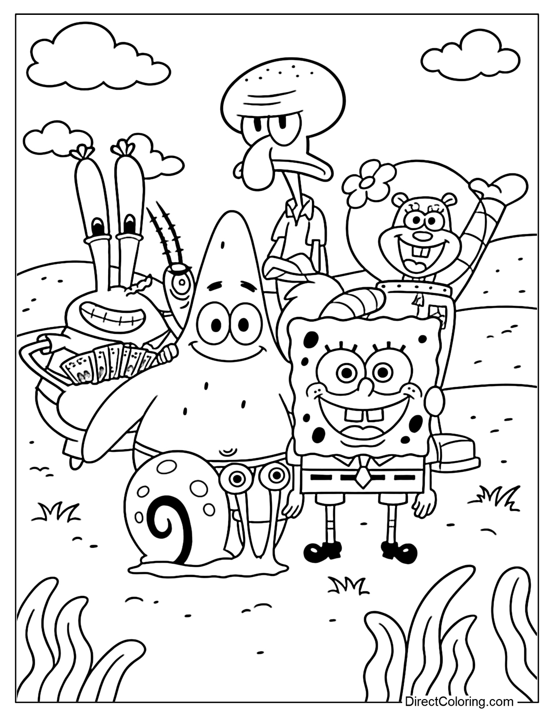 Coloring Page of Patrick Star stands cheerfully among the full SpongeBob SquarePants crew - SpongeBob, Gary, Mr. Krabs (holding money), Plankton, Squidward, and Sandy. A classic group portrait of the underwater dream team!