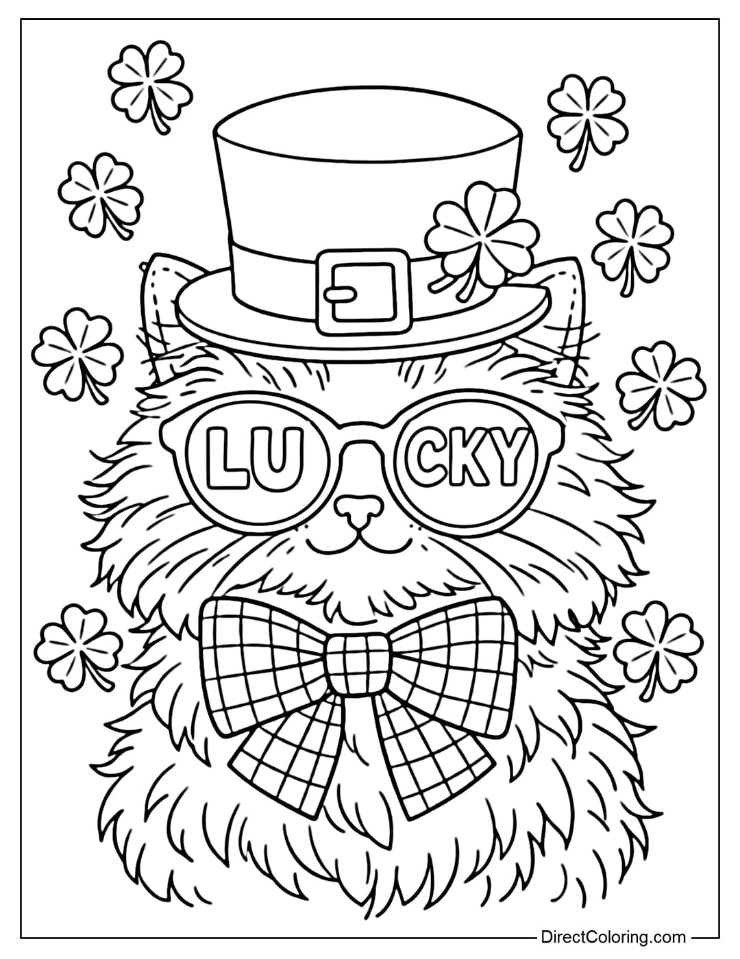 Coloring page for a fluffy cat wearing a leprechaun hat, glasses with the word 