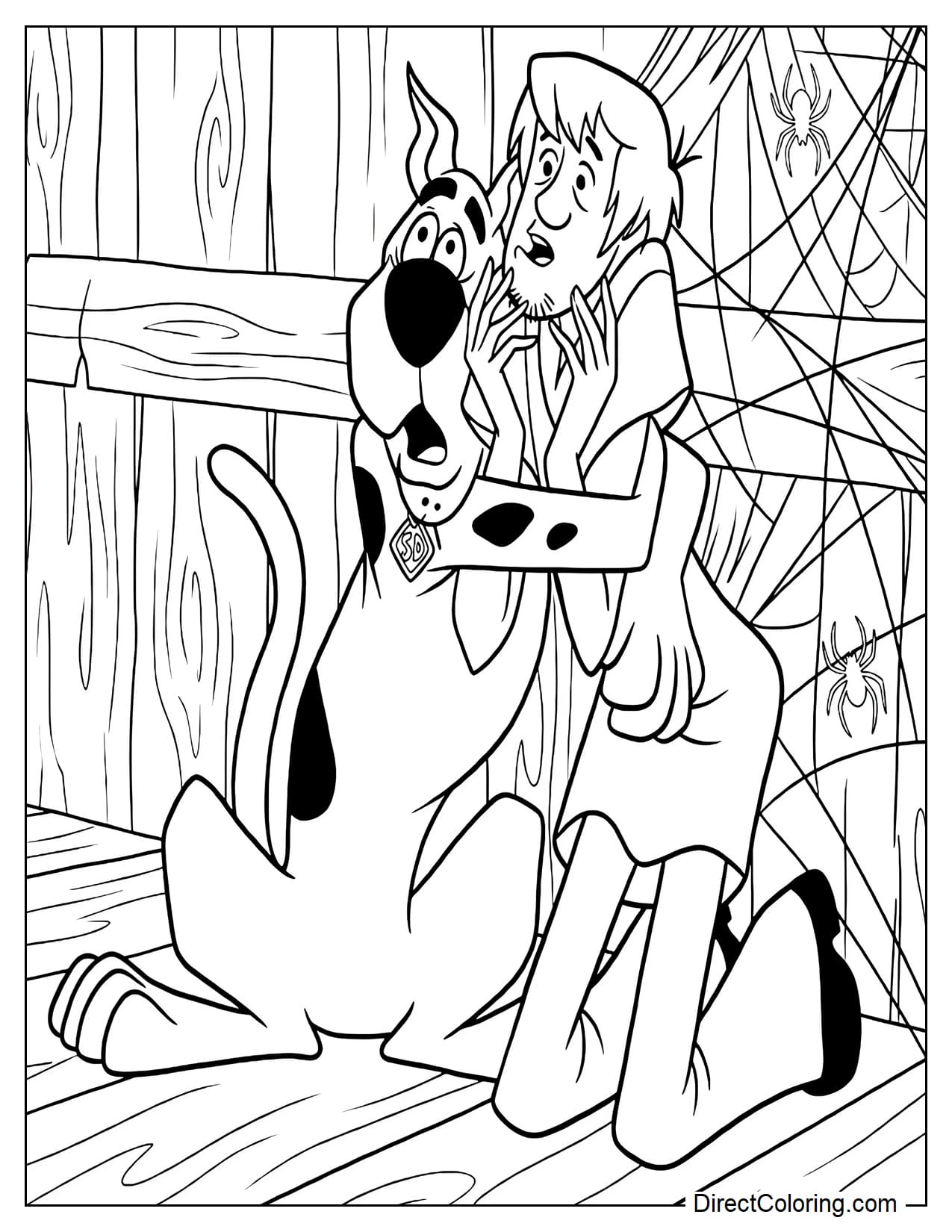Scooby-Doo and Shaggy are sitting close together and hugging inside an old wooden room with cobwebs and small spiders. Both characters have funny scared expressions while facing the spooky atmosphere.