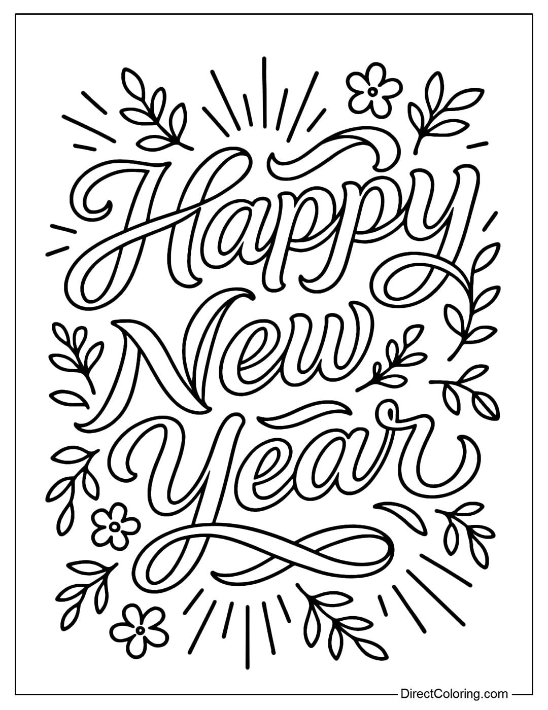 The Happy New Year coloring page is made up of soft, curvy ribbons, rounded like silk flowing in the wind.