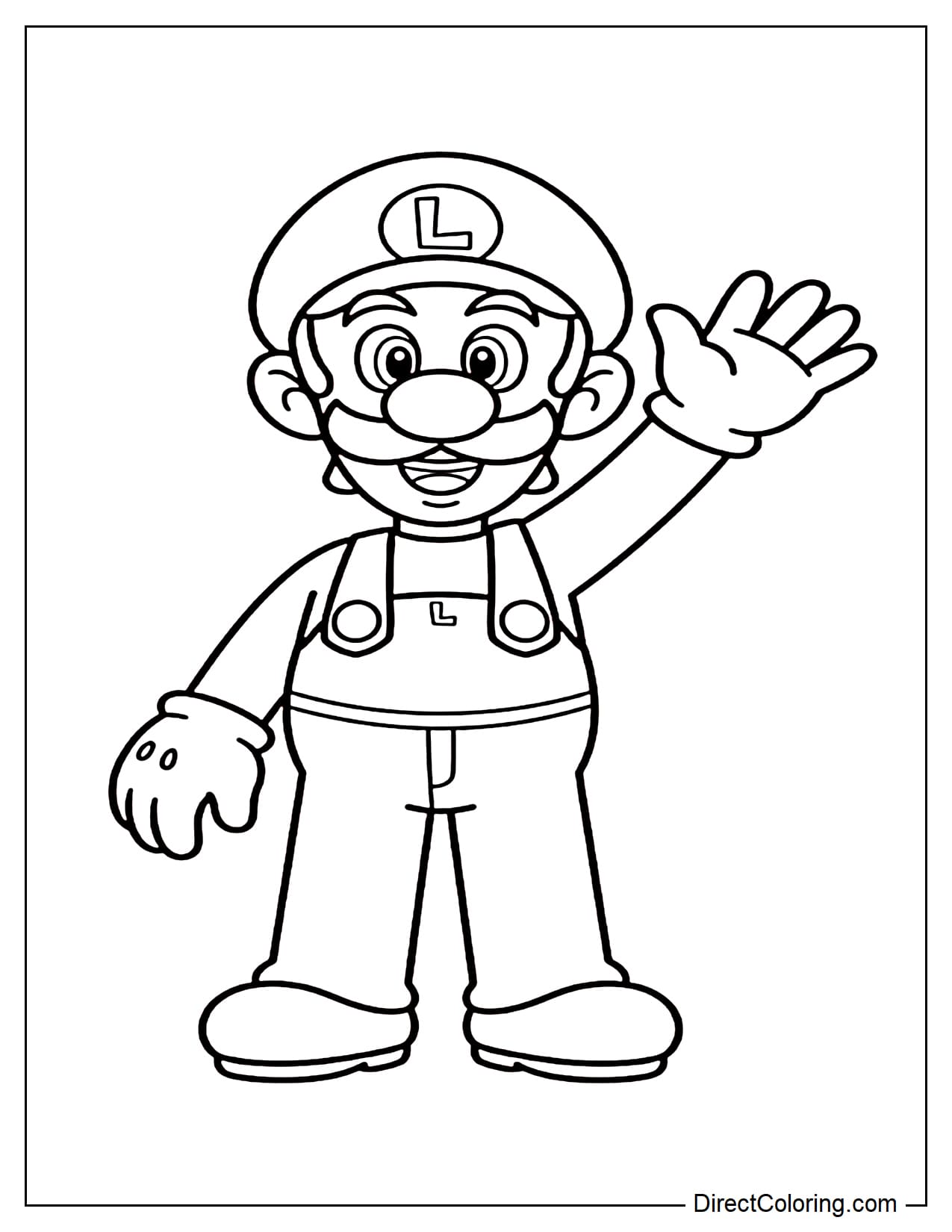 Luigi stands with a bright smile and one hand raised in greeting, posing in a relaxed and friendly way.