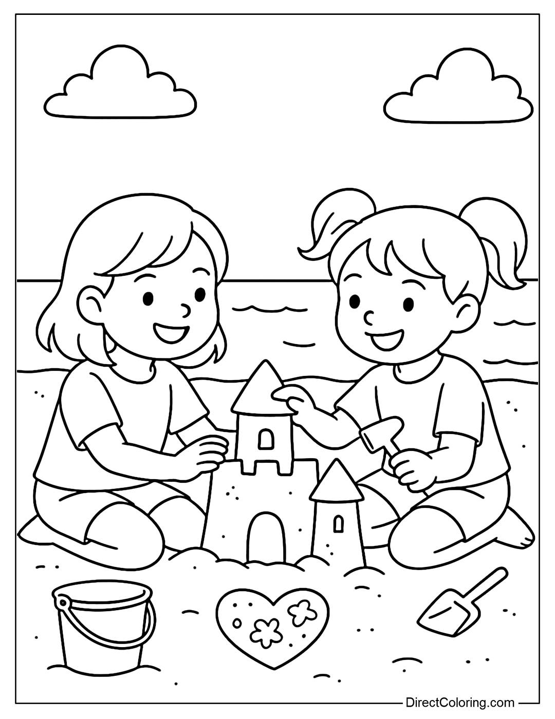 Coloring page of two children building a sand castle on the beach, laughing happily and surrounded by small buckets and shovels.