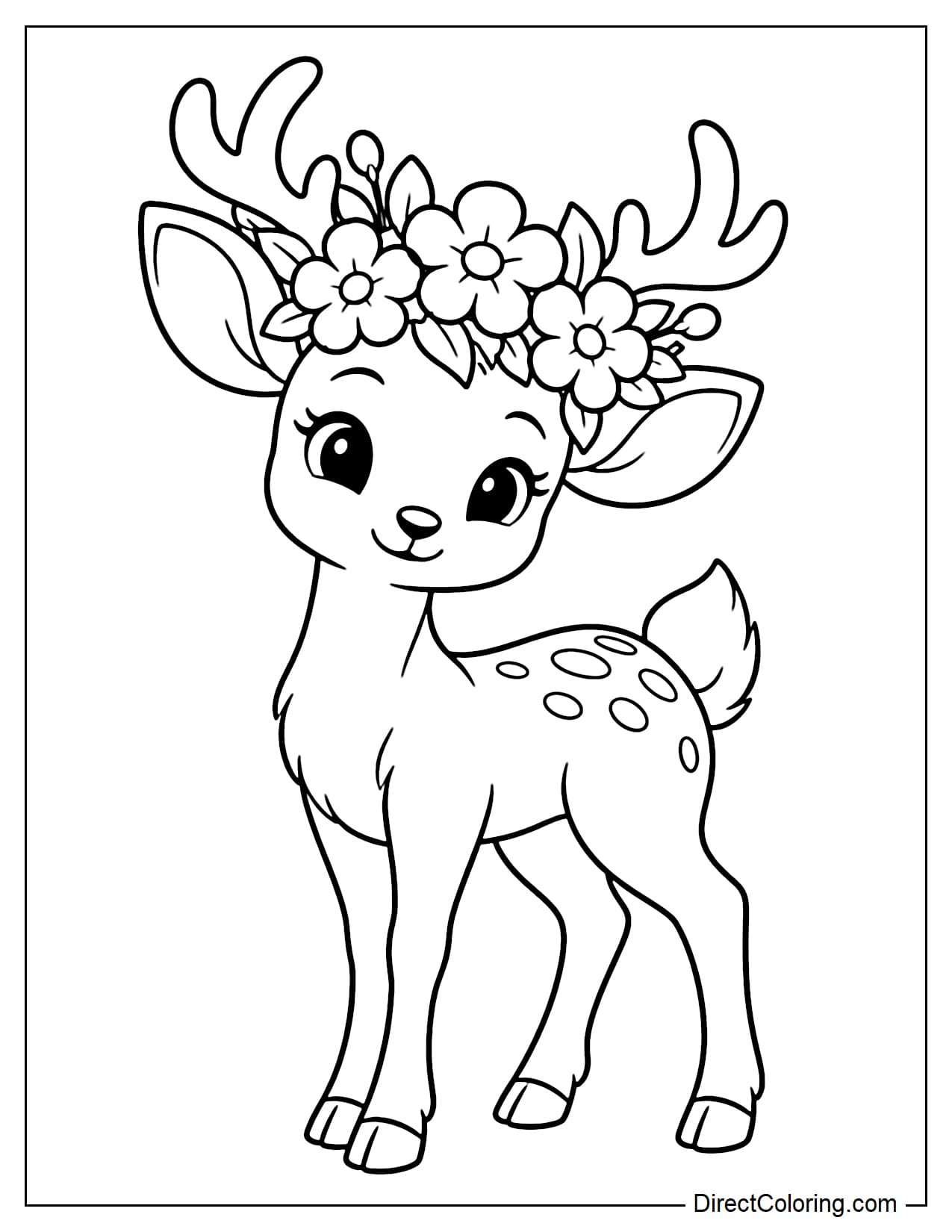 A cute deer wearing a large flower crown made of round-petaled flowers and large buds.
